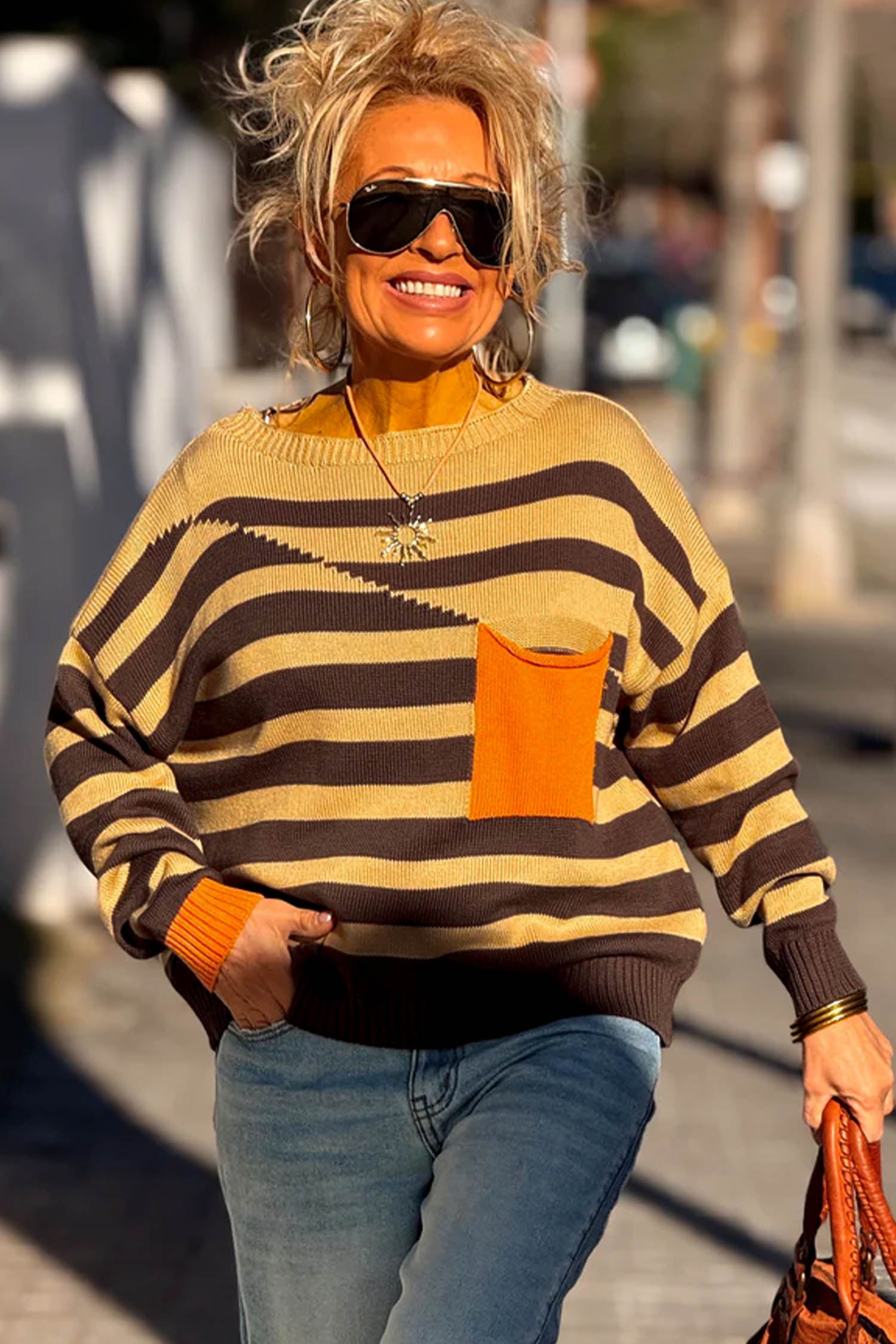 Striped Drop Shoulder Colorblock Pullover Sweater – Brown Stripe