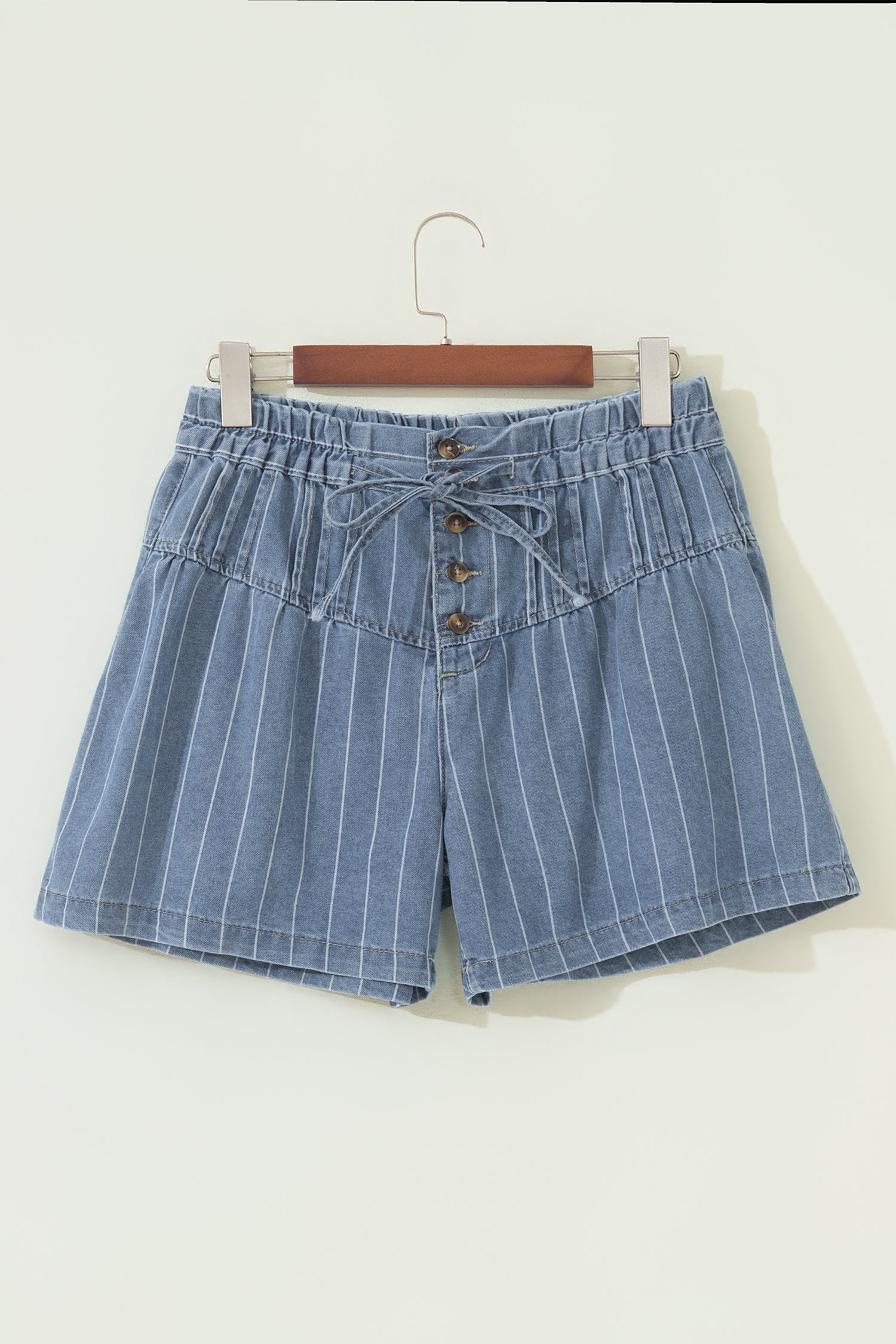 Sky Blue Stripe Drawstring Pleated High Waist Denim Shorts