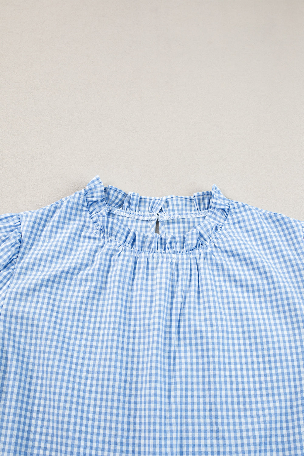 Light Blue Gingham Floral Embroidered Puff Sleeve Blouse eAura