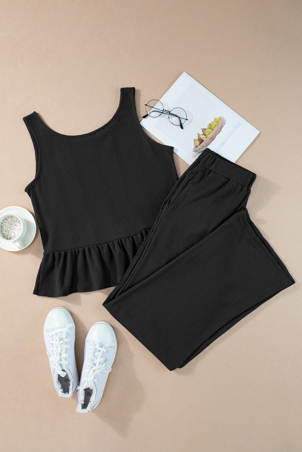 Duffel Green Solid Colour Ribbed Ruffle Tank Top and Trousers Set eAura