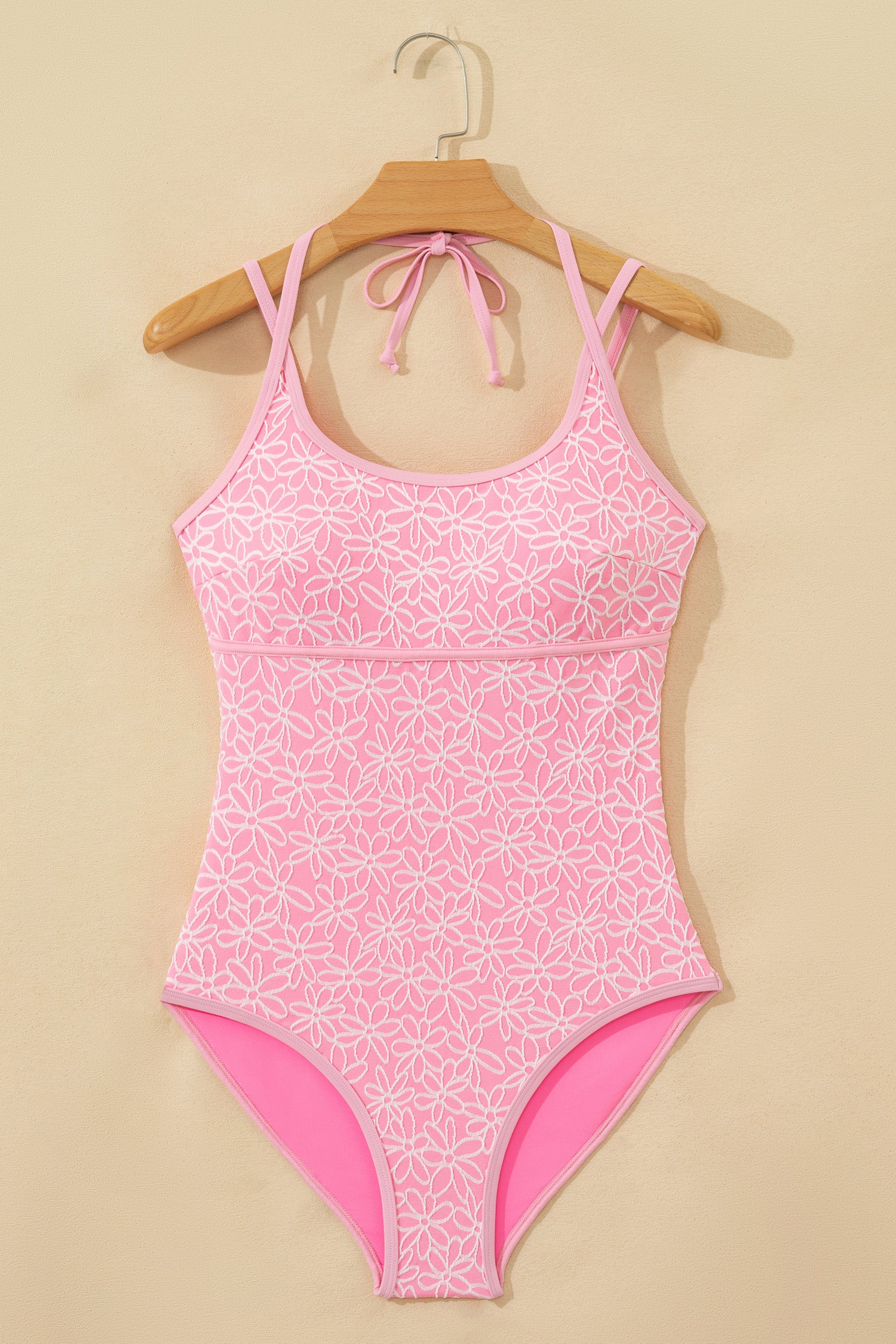 Corded Flower Texture Halterneck Spaghetti Strap One-Piece Swimsuit