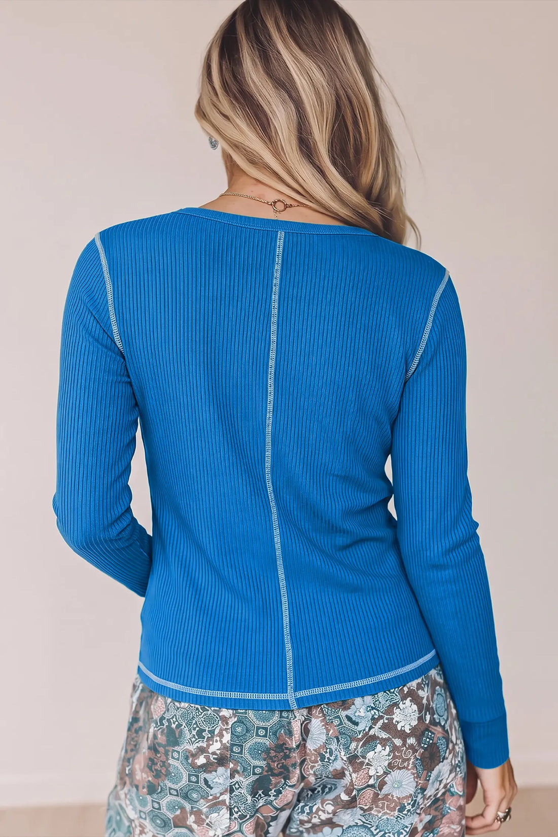 V Neck Ribbed Stitched Detail Long Sleeve Top – Peacock Blue