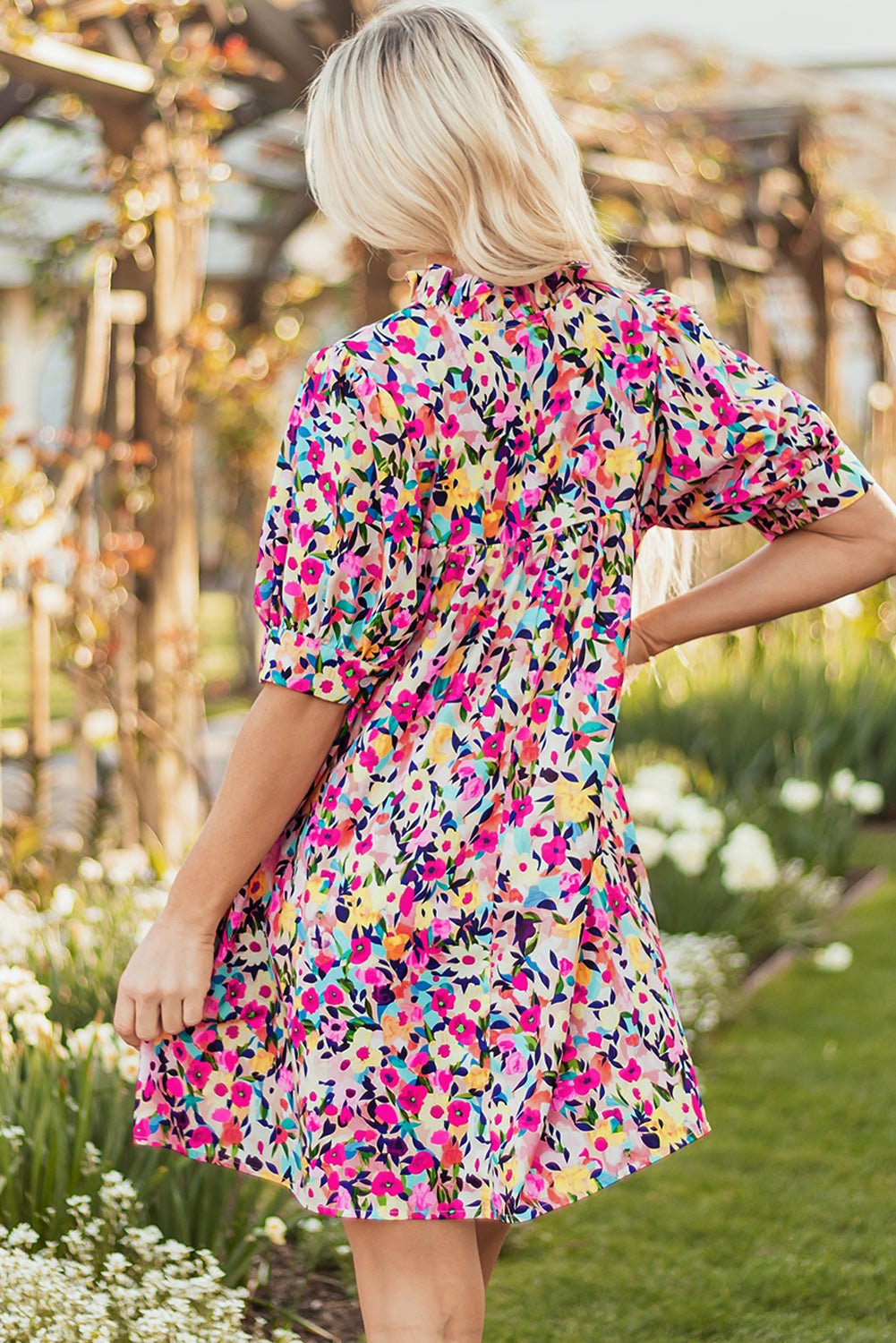 Pink Floral Puff Short Sleeve V Neck Mini Dress eAura