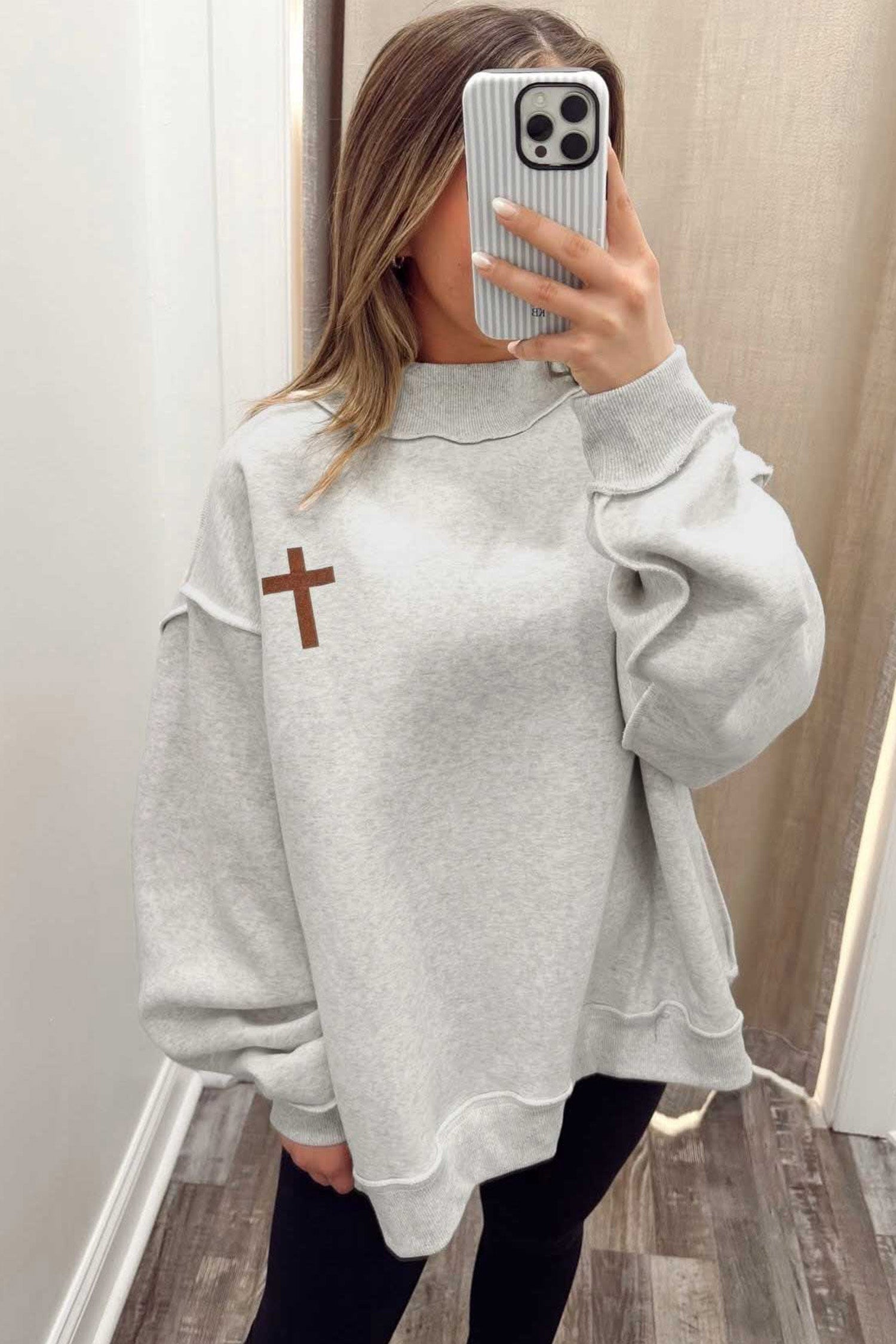Reversible Christian Faith Print Mock Neck Pullover Sweatshirt – Light Grey