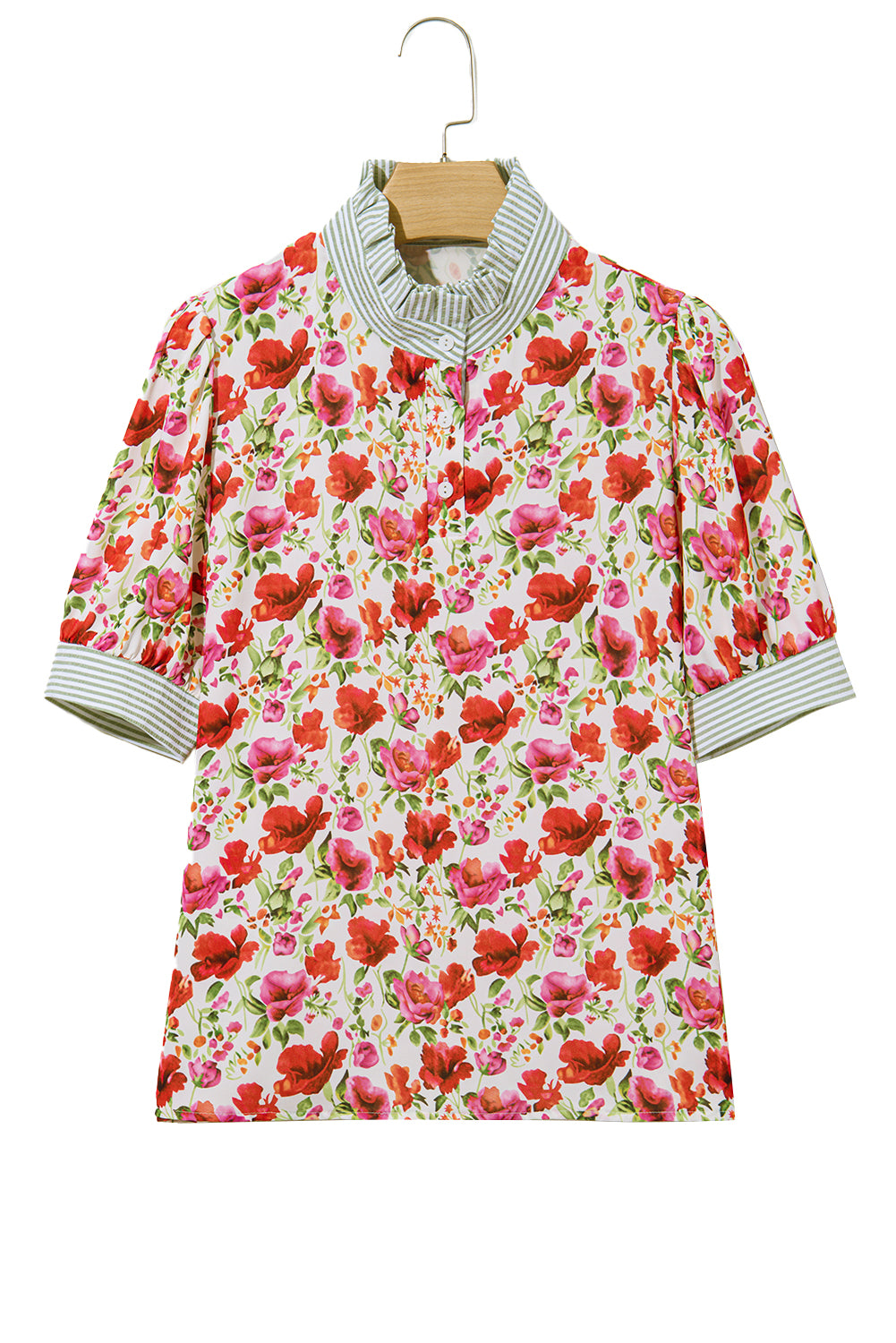 Red Floral Print Striped Patchwork Collared Short Sleeve Blouse eAura
