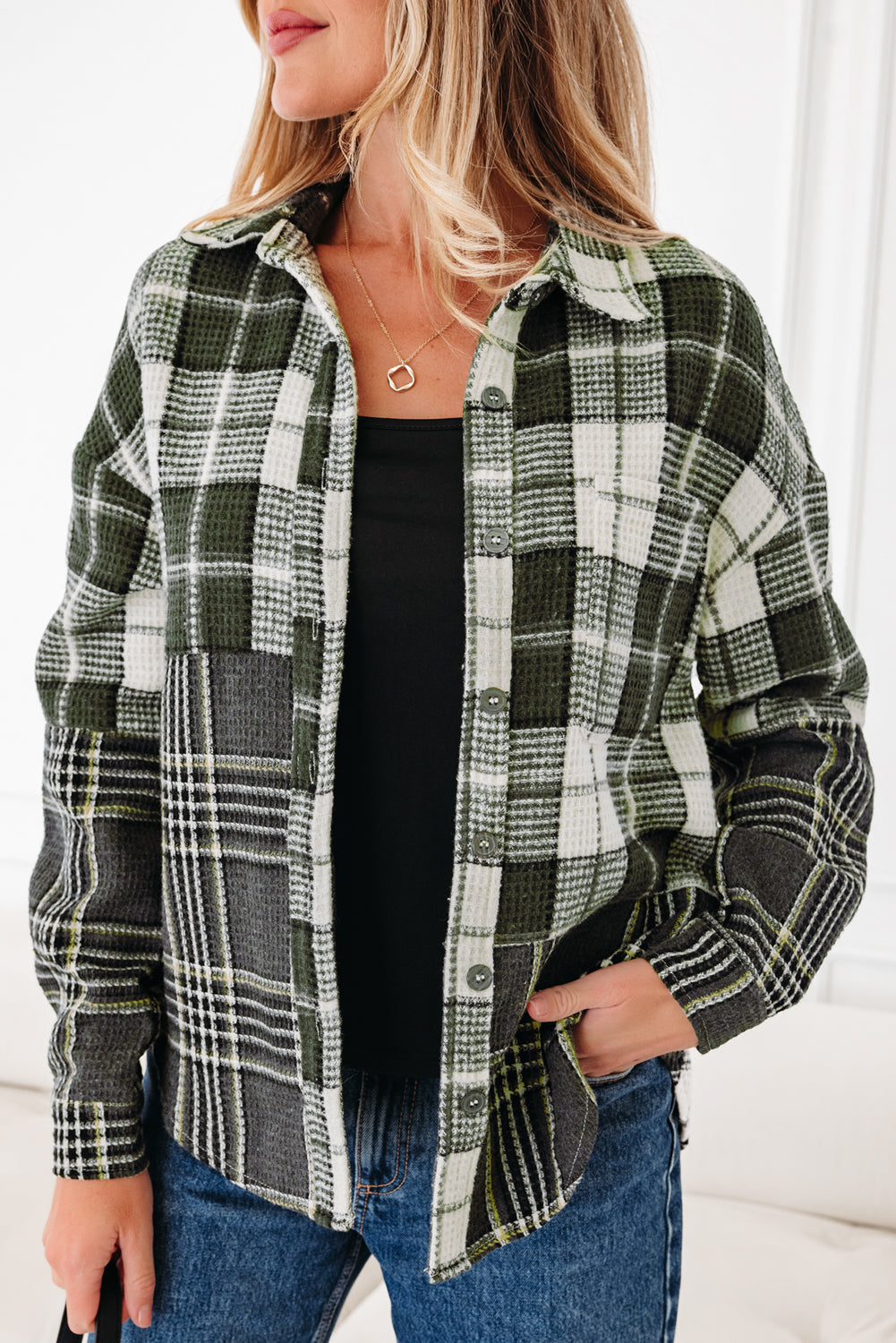 Plaid Print Textured Buttoned Shacket - eAura