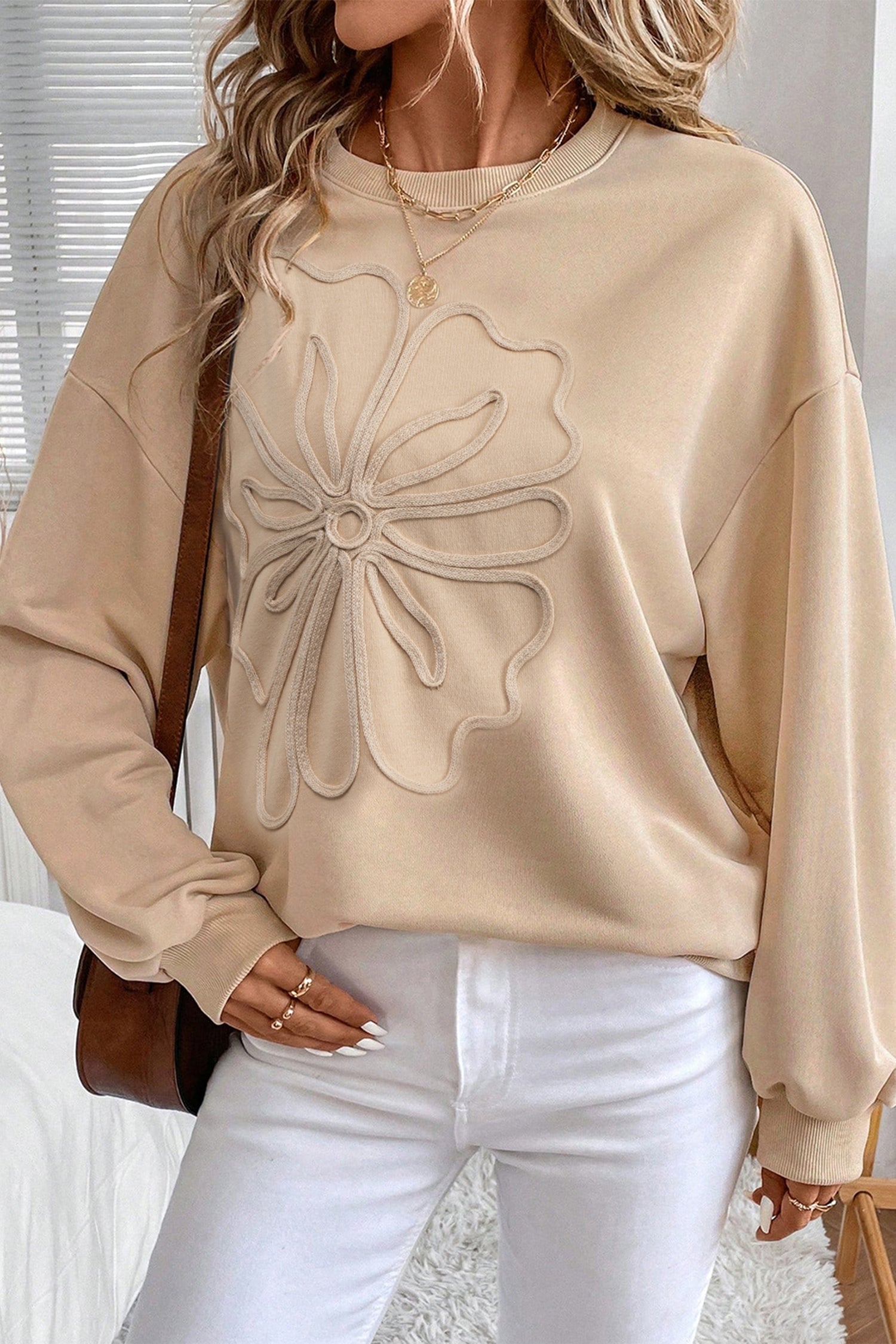 Embroidered Flower Pattern Drop Shoulder Sweatshirt - eAura