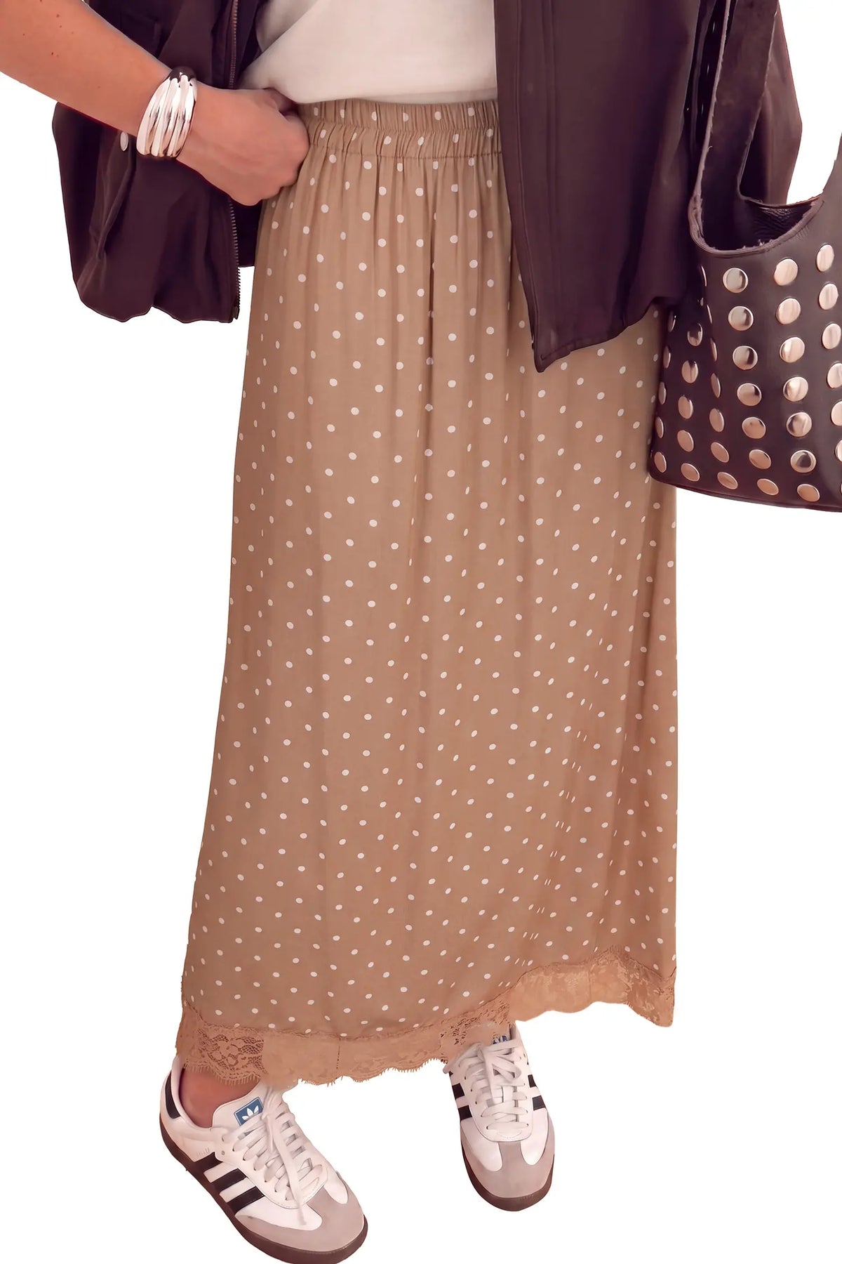 Polka Dot Lace Hem Elegant Long Shift Skirt – Khaki