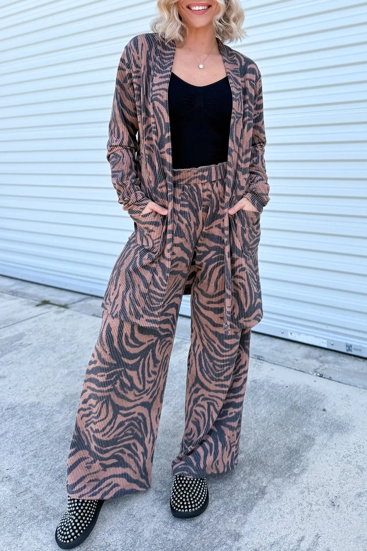 Khaki Twisted Ribbed Zebra Print Open Cardigan Wide Leg Pant Set