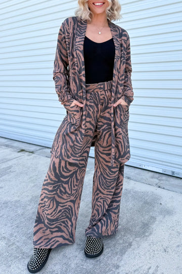 Khaki Twisted Ribbed Zebra Print Open Cardigan Wide Leg Pant Set