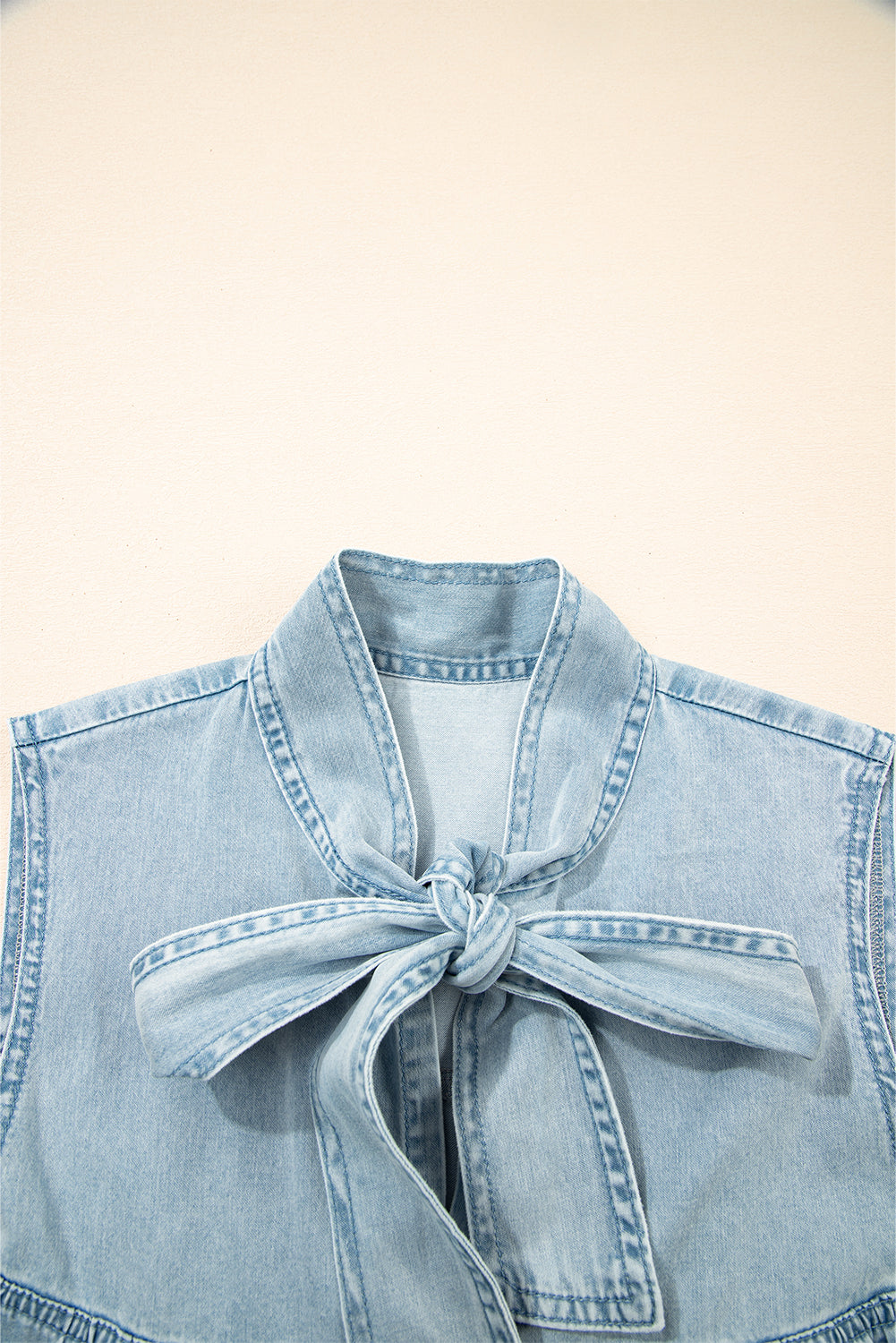 Beau Blue Bowknot Neck Sleeveless Ruffled Chambray Dress - eAura