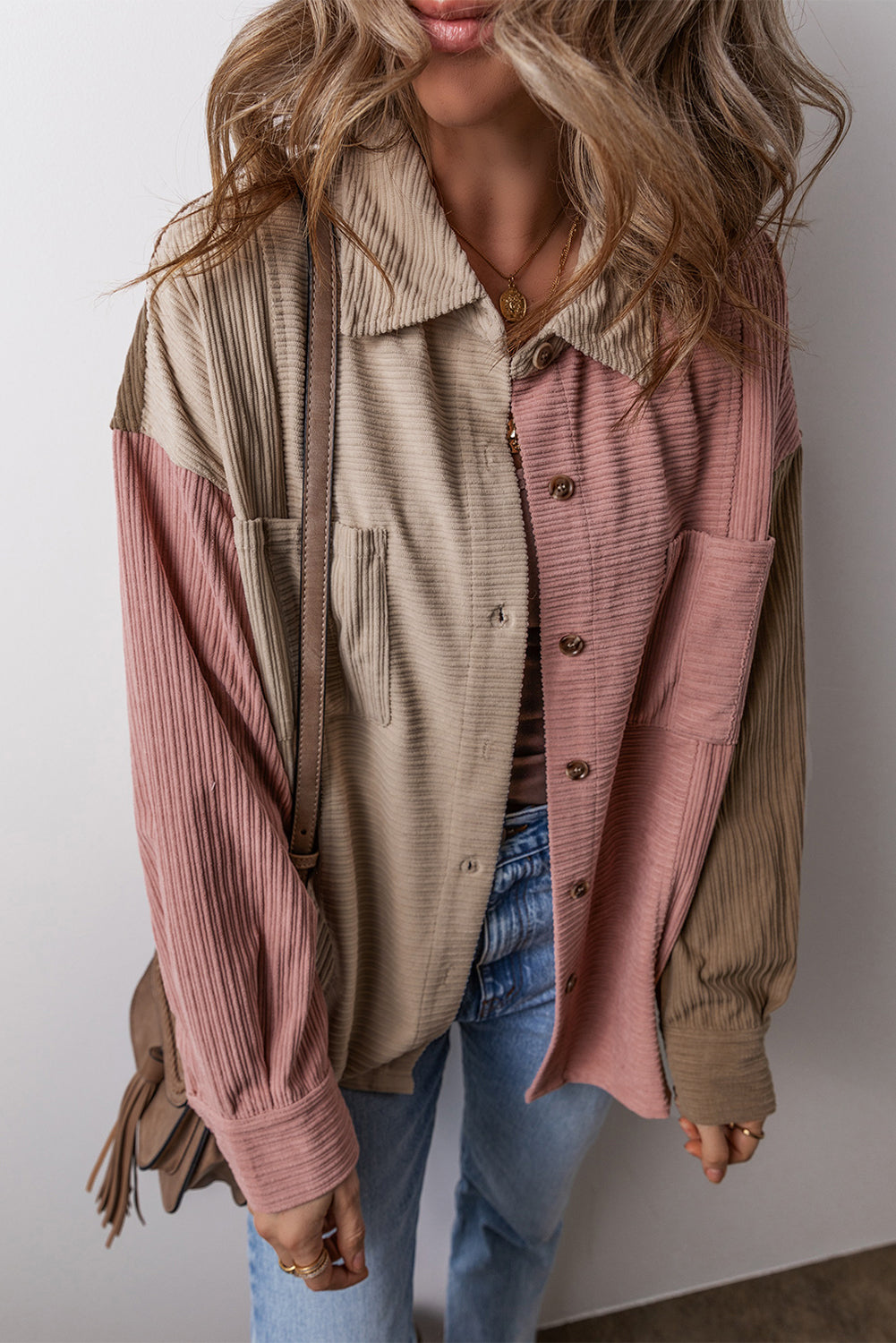Mineral Red Colour Block Chest Pockets Buttoned Corduroy Shacket eAura