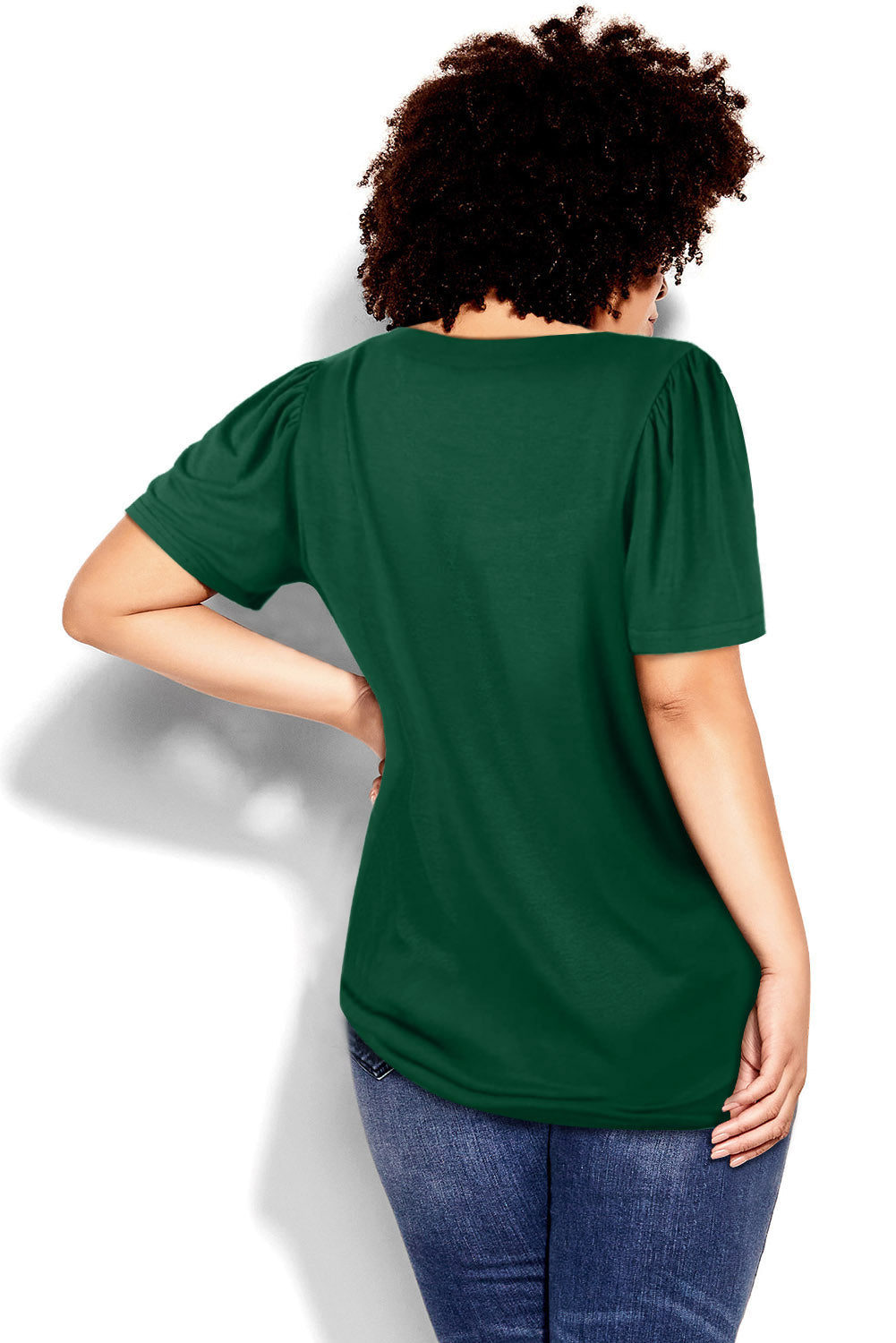 Green Plus Size Square Neck Ruched Shoulder Short Sleeve Top BB Fashion Outlet