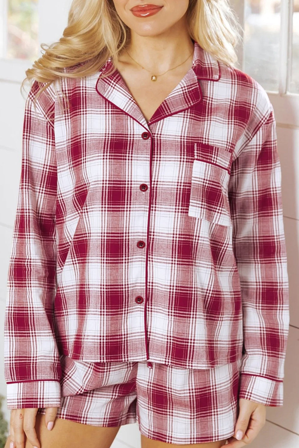 Red Retro Plaid Long Sleeve Shirt Drawstring Shorts Pyjama Set - eAura