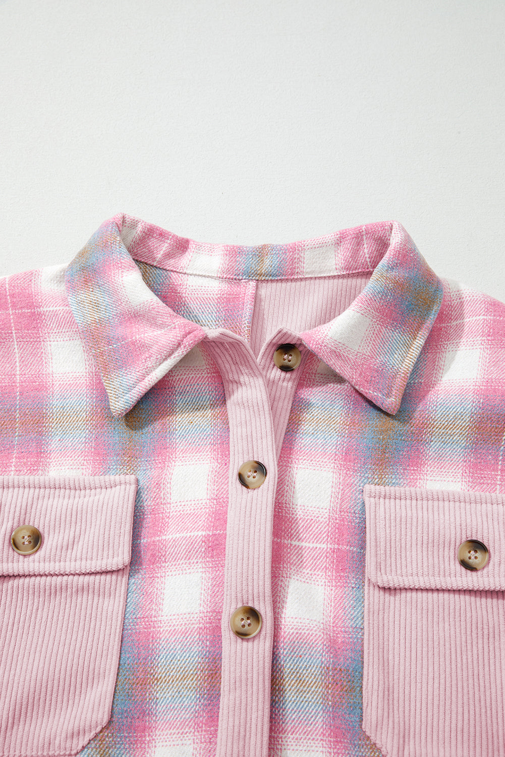 Pink Brushed Plaid Ribbed Flap Pockets Patchwork Shacket eAura