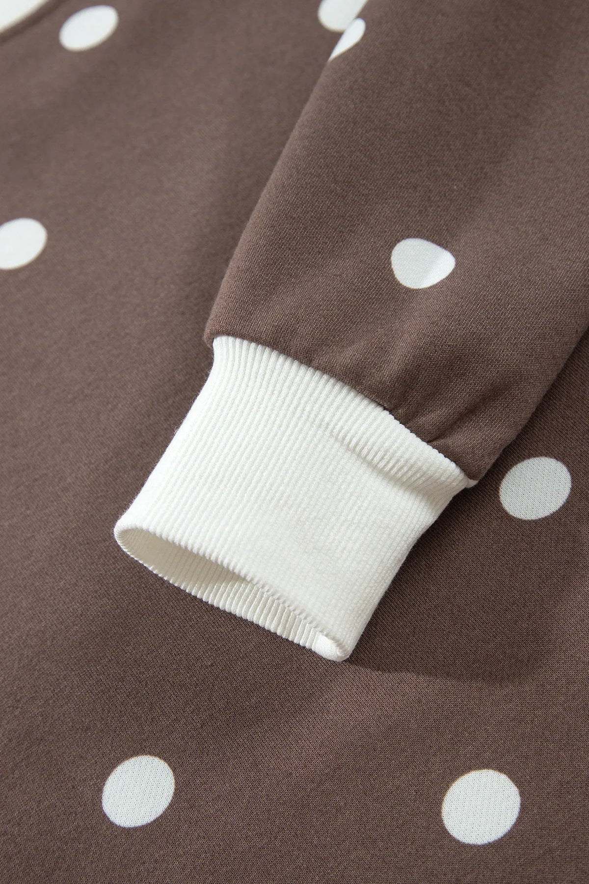 Polka Dot Ribbed Trim Long Sleeve Top Casual Short Set – Brown