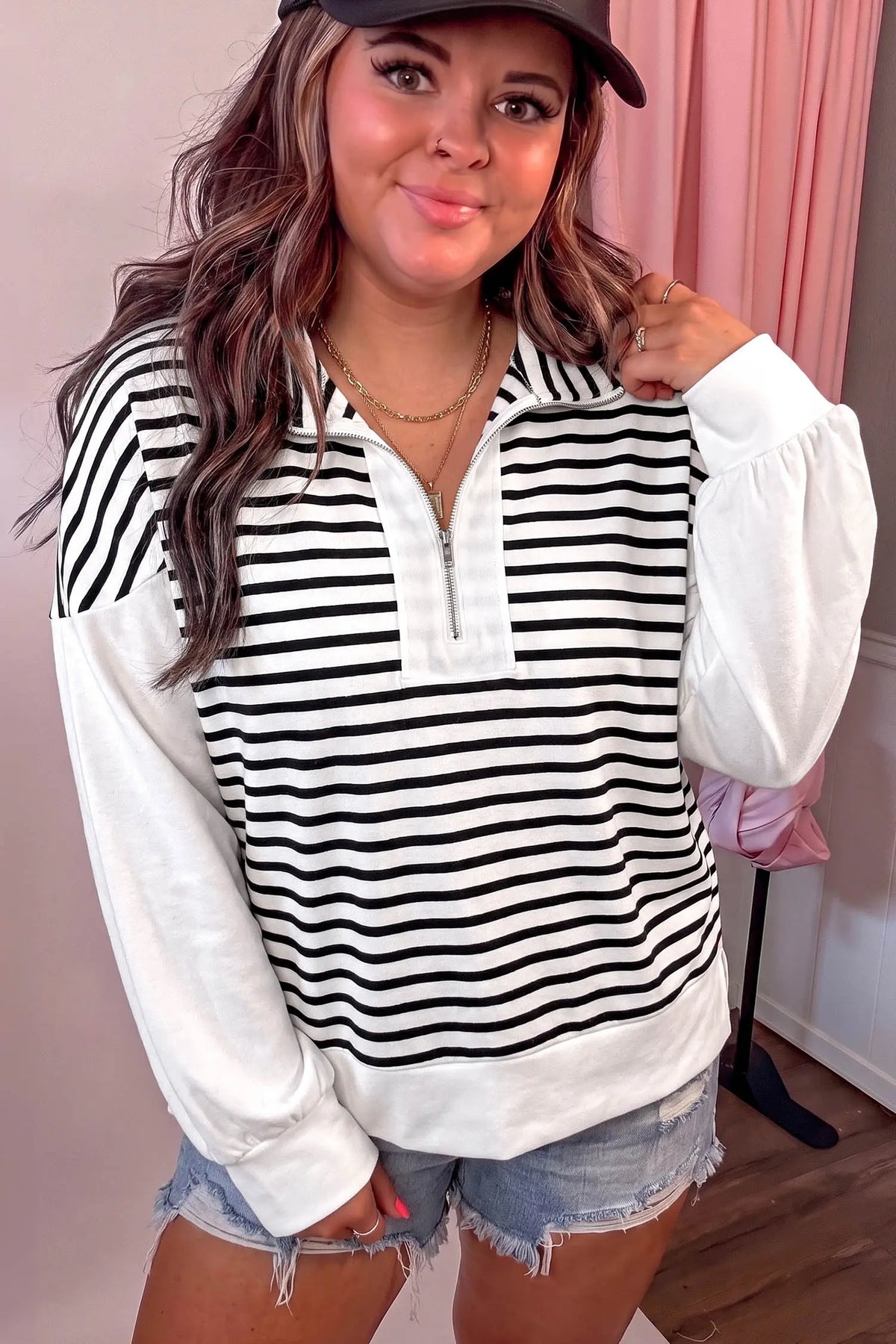 Striped Colourblock V Neck Long Sleeve Shift Plus Size Blouse – White Stripe