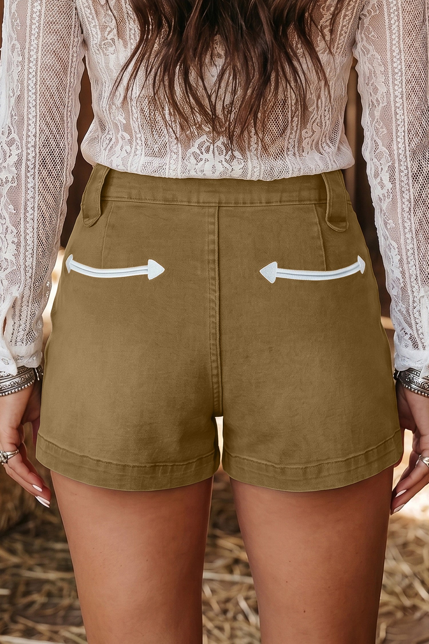 Contrast Arrow Detail Western Denim Shorts – Pale Khaki