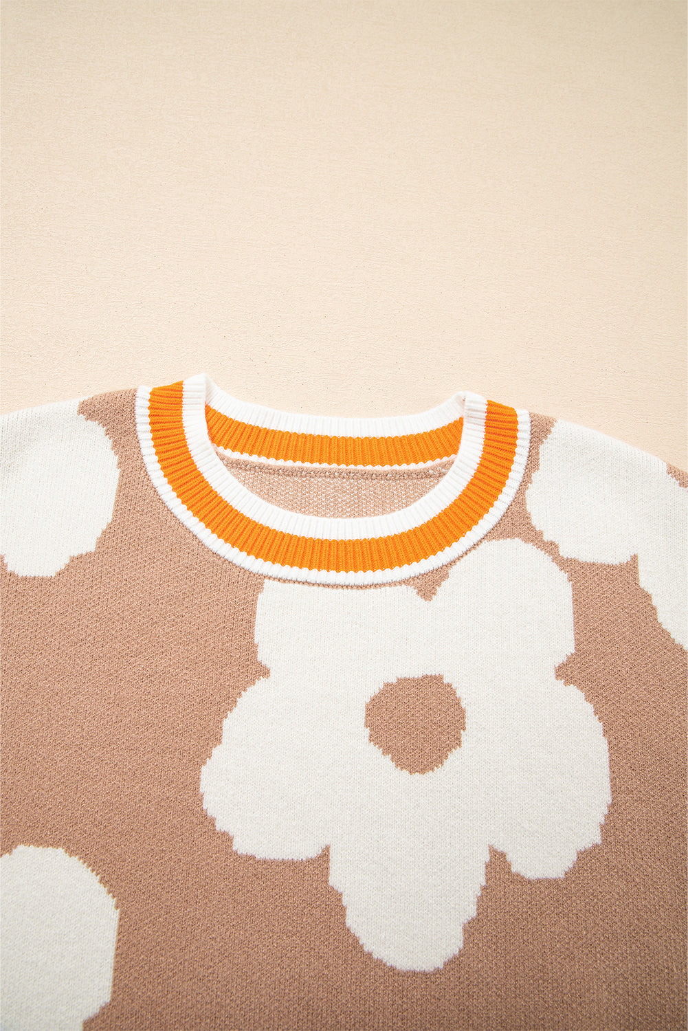 Big Flower Pattern Contrast Striped Baggy Sweater - eAura