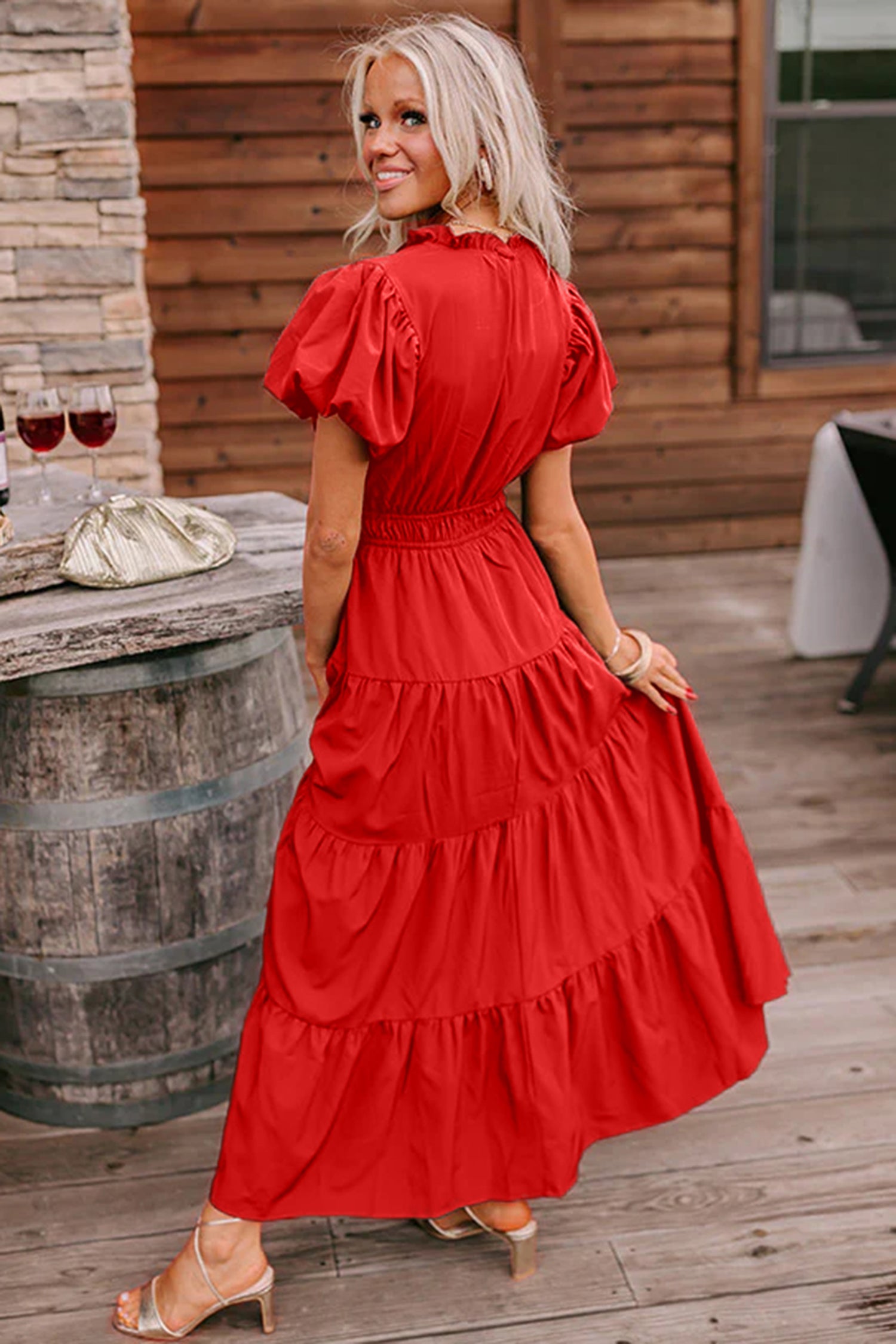 V-Neck Short Puff Sleeve Tiered Maxi Dress