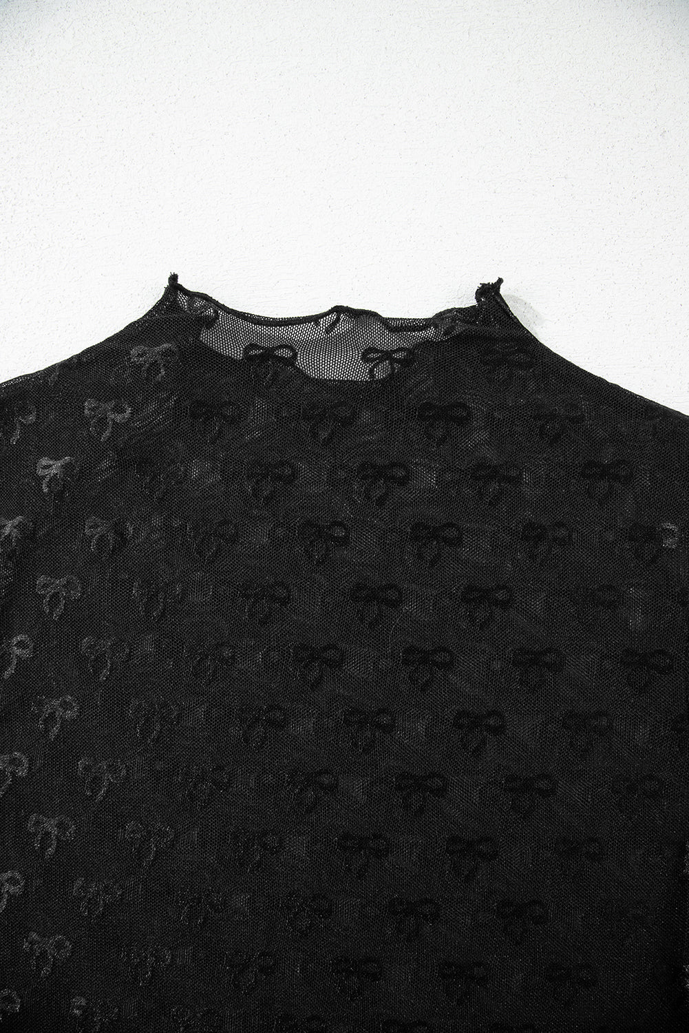 Black Bowknot Sheer Mesh Mock Neck Lettuce Trim Short Sleeve Top eAura