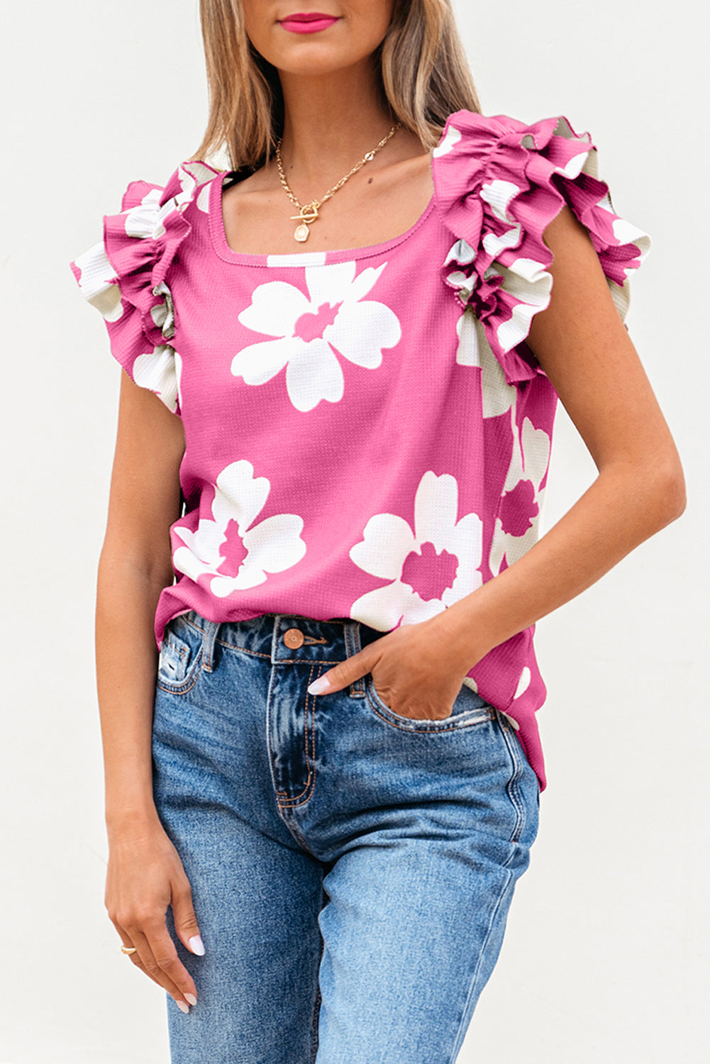 Floral Textured Ruffled Short Sleeve Square Neck Blouse eAura
