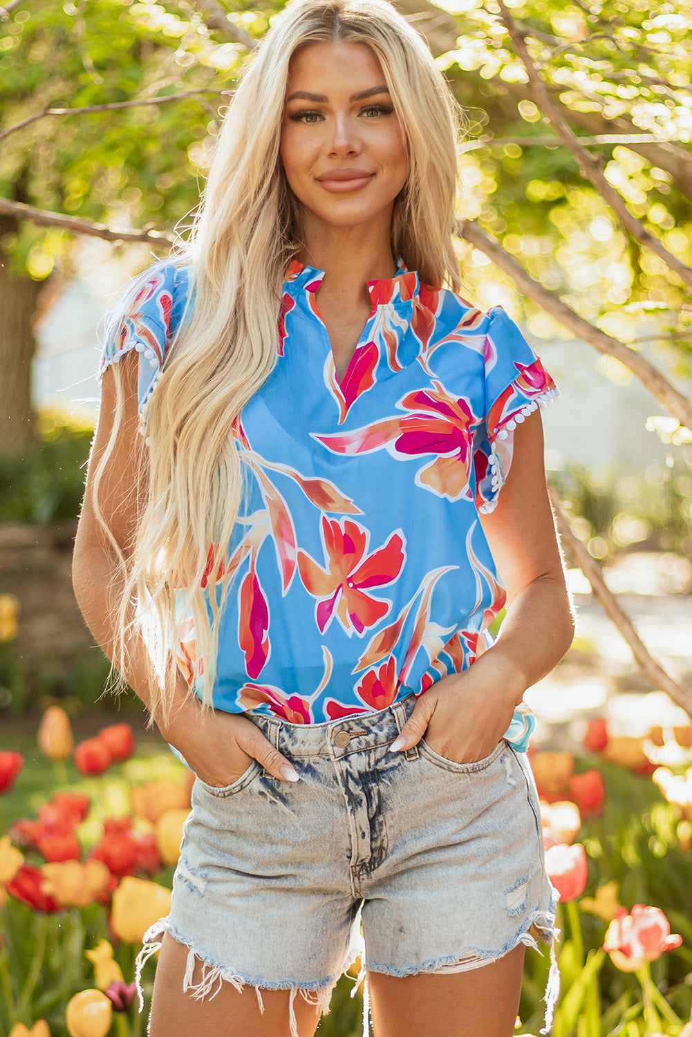 Sky Blue Floral Print V Neck Pompom Trim Flutter Sleeve Blouse eAura