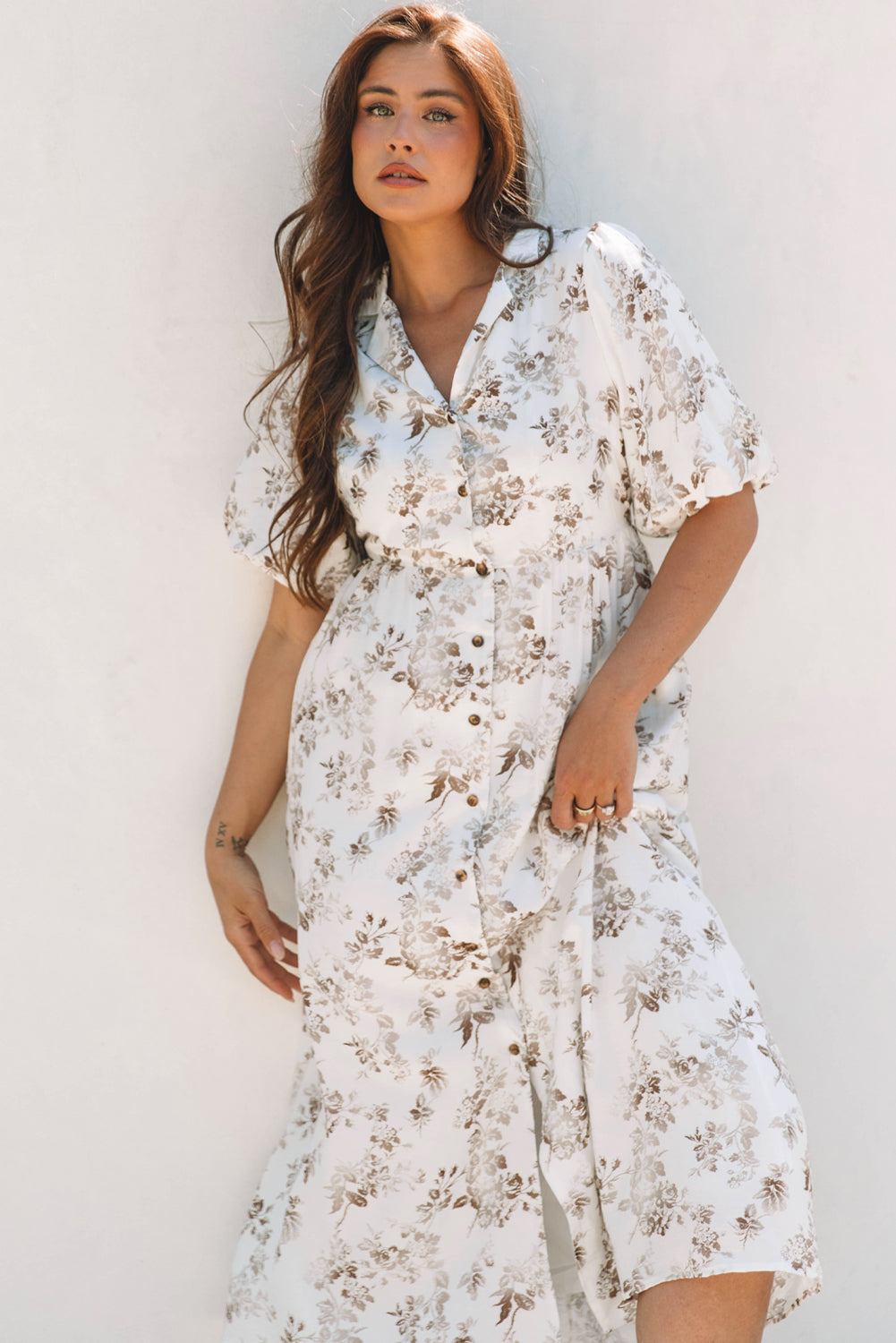 Khaki Floral Puff Sleeve V Neck Buttoned Front Maxi Dress eAura