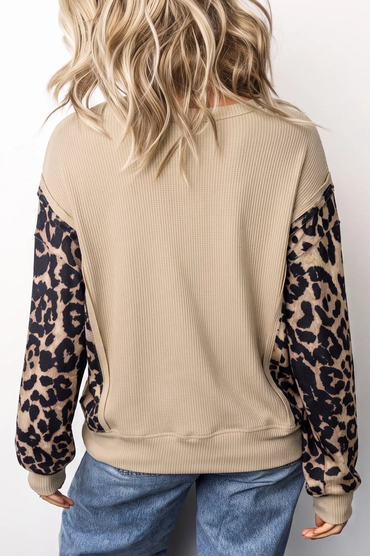 Leopard Sleeve Waffle Knit Split Hem Top – Grey Morn