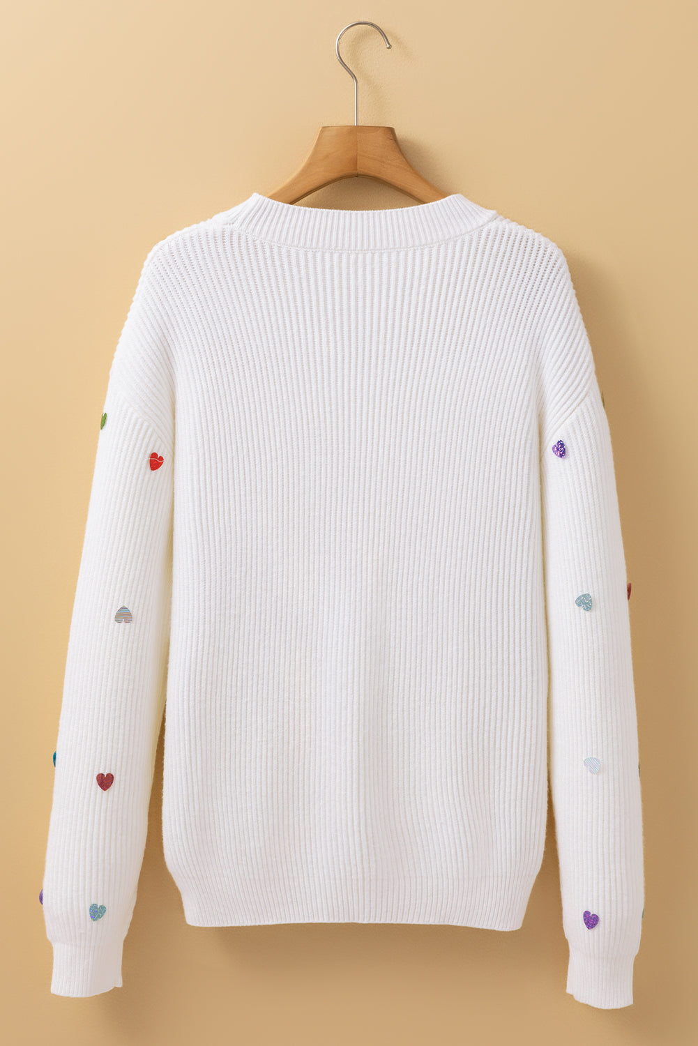 Beige Sequin Heart Shape Waffle Knit Round Neck Sweater eAura