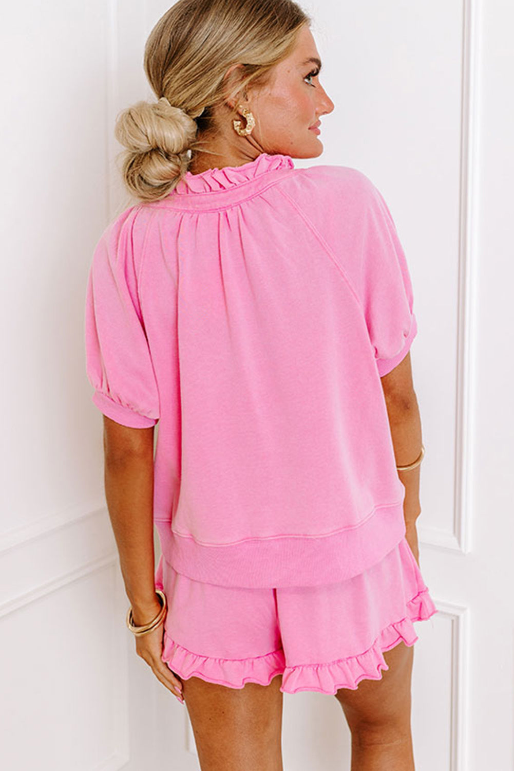Pink Half Zip Puff Sleeve Top and Ruffled Shorts Set eAura
