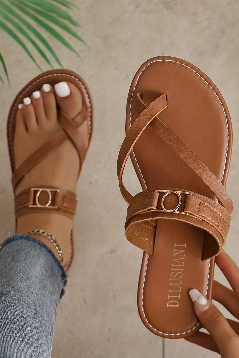 Chestnut Cross Toe Metal Buckle Leathered Flat Sandals BB Fashion Outlet