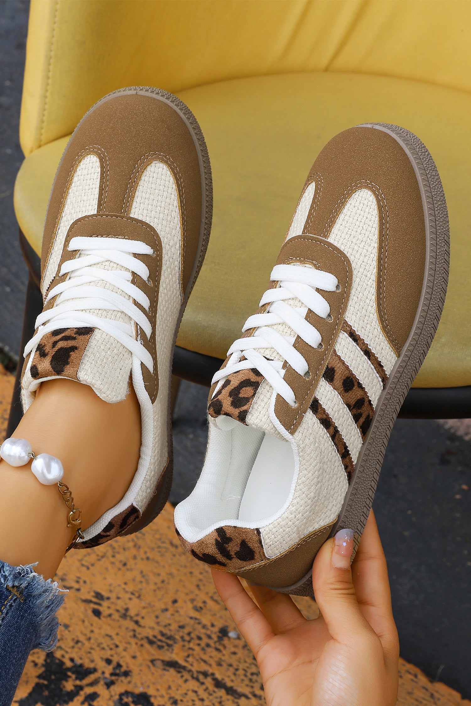 Coffee Colour Block Leopard Lace-up Flat Shoes - Brown / 37 - Shoes/trainers