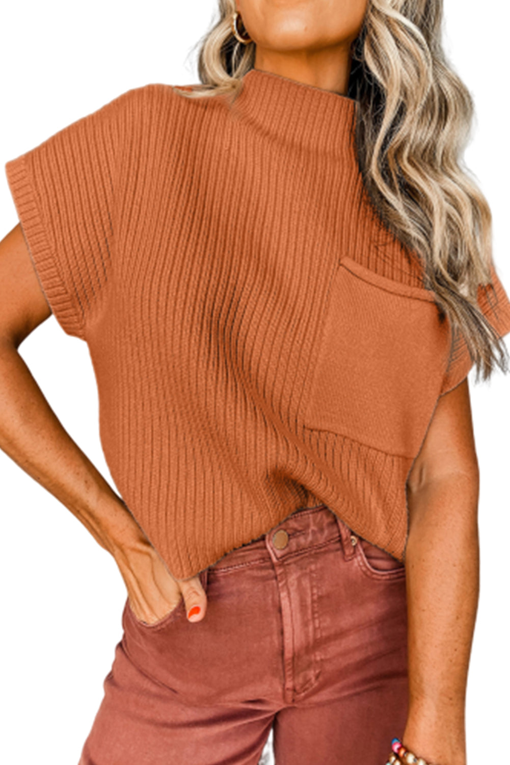 Black Patch Pocket Ribbed Knit Short Sleeve Sweater eAura