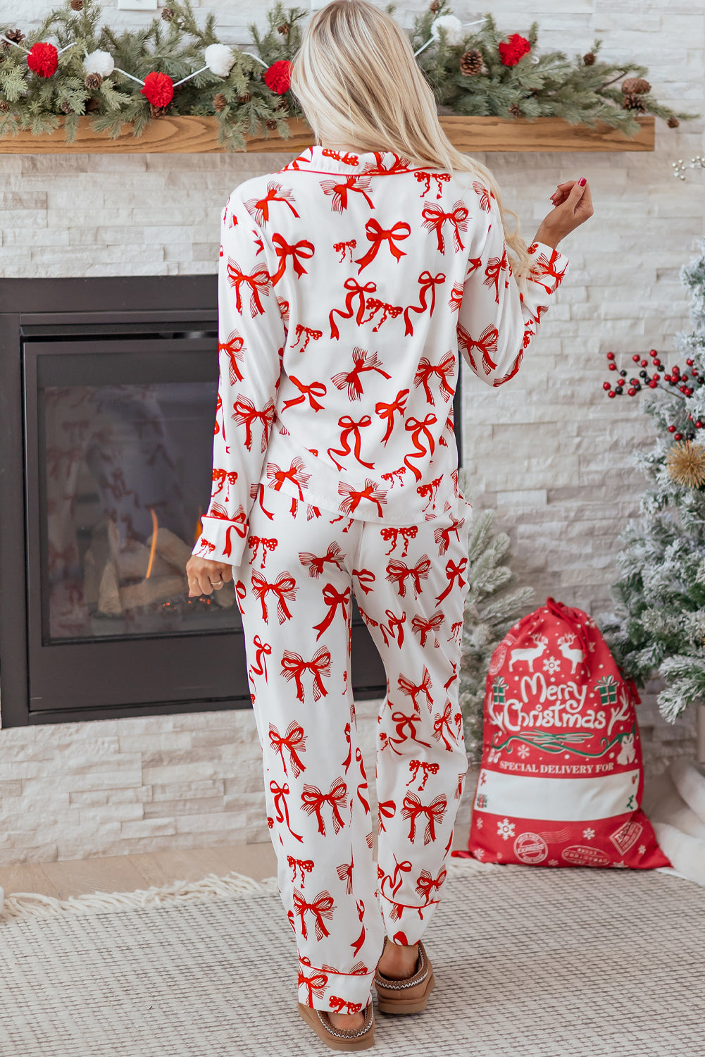 Red Christmas Bow Print Pyjama Set - eAura