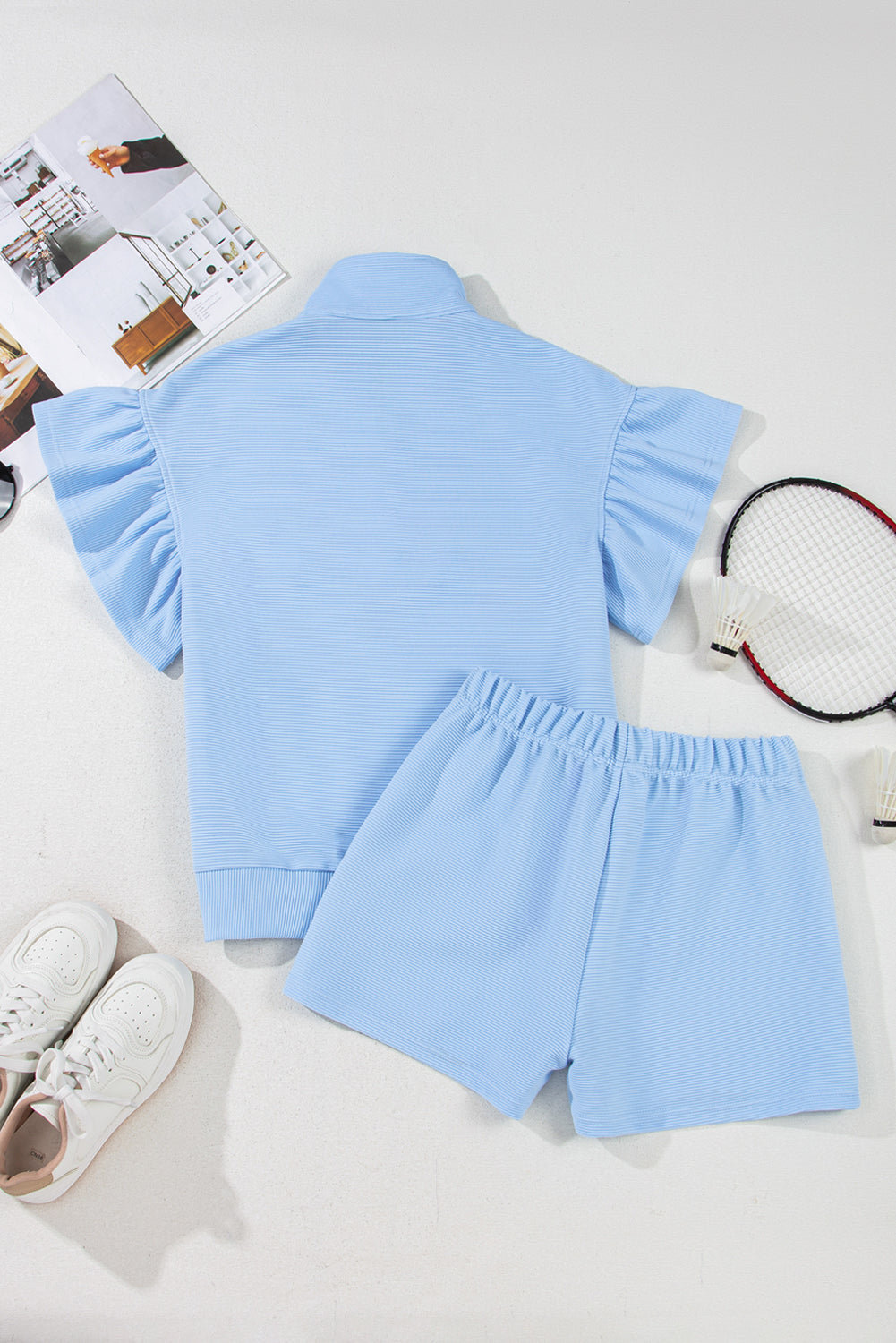 Blue Rib Texture Half Zip Ruffled Short Sleeve Top and Shorts Co-ord Set eAura