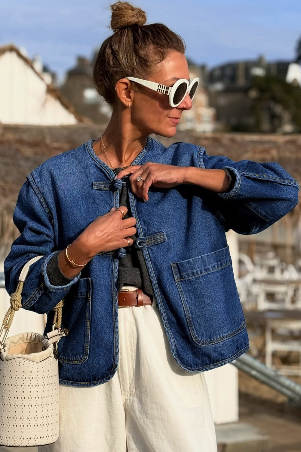 Blue Fastening Big Patched Pockets Straight Cut Deep Wash Denim Jacket - eAura