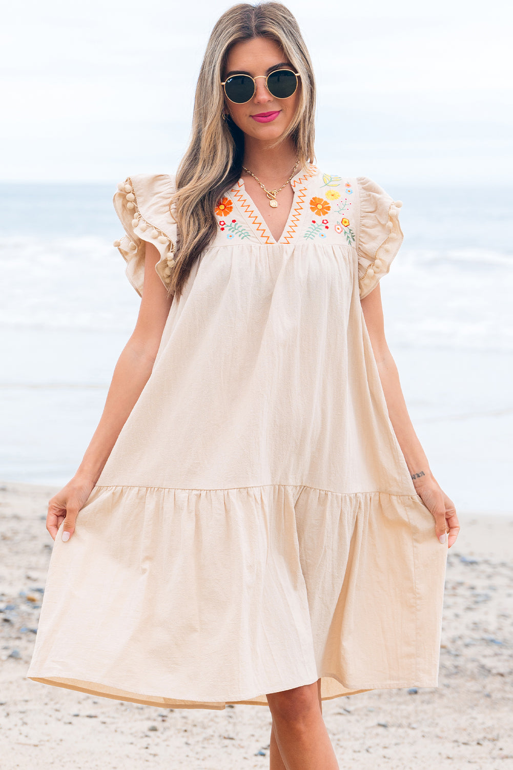 Jet Stream Linen Embroidery Split Neck Pom Pom Ruffle Sleeves Flowy Short Dress eAura