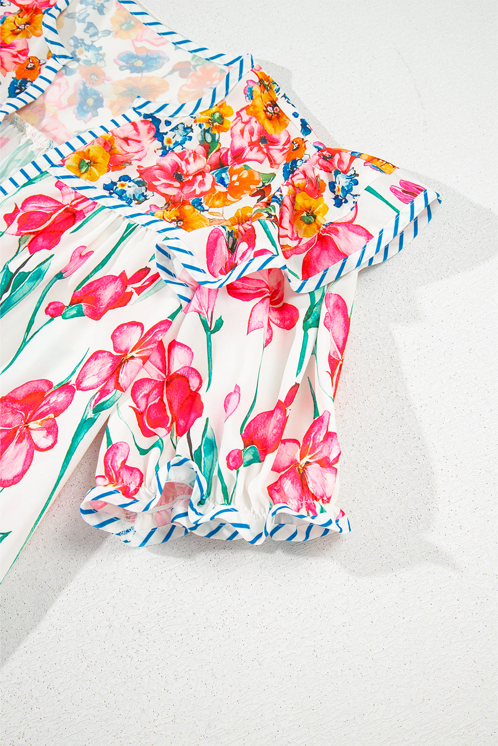 Pink Floral Print Striped Detail Split Neck Short Sleeve Blouse eAura