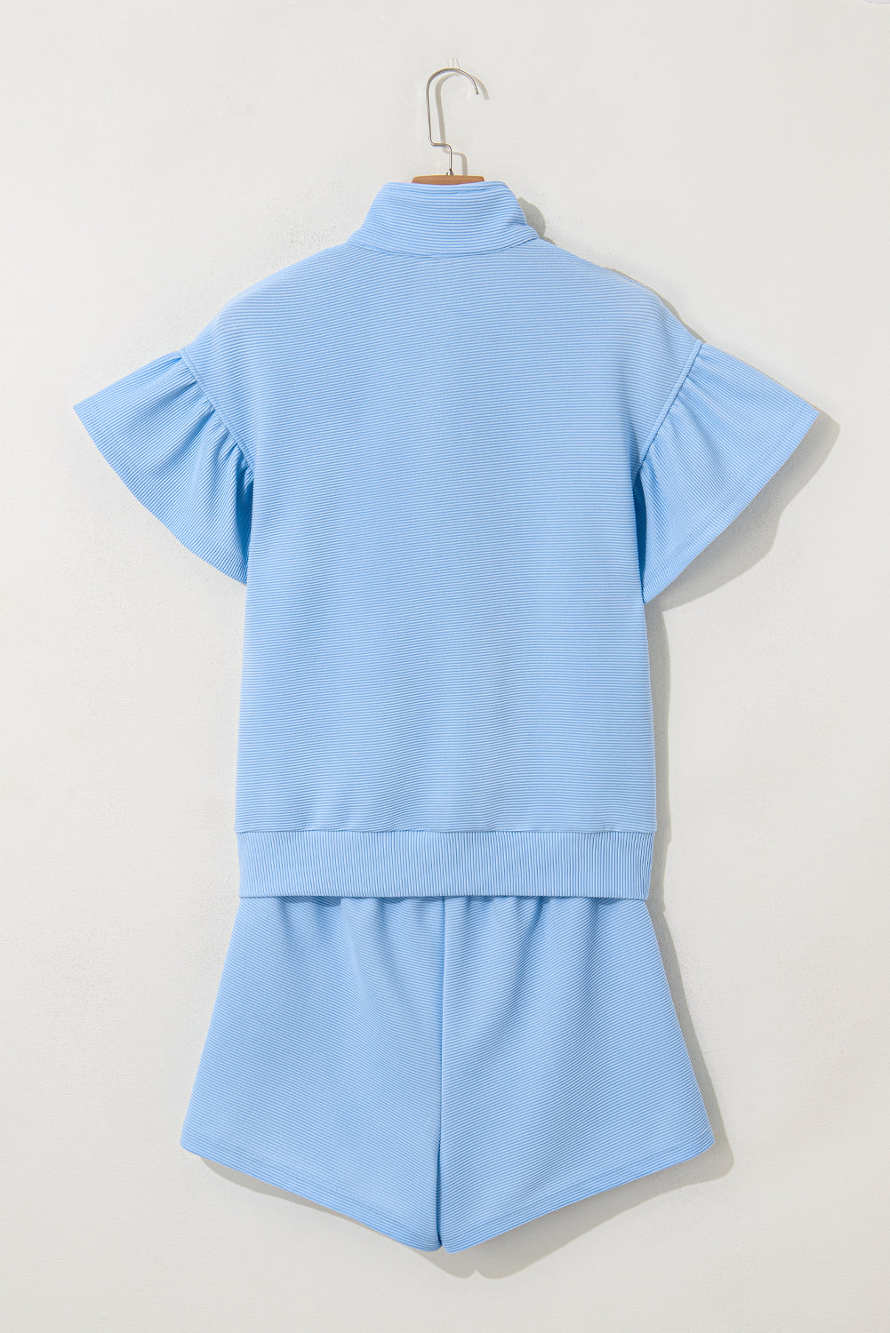 Blue Rib Texture Half Zip Ruffled Short Sleeve Top and Shorts Co-ord Set eAura