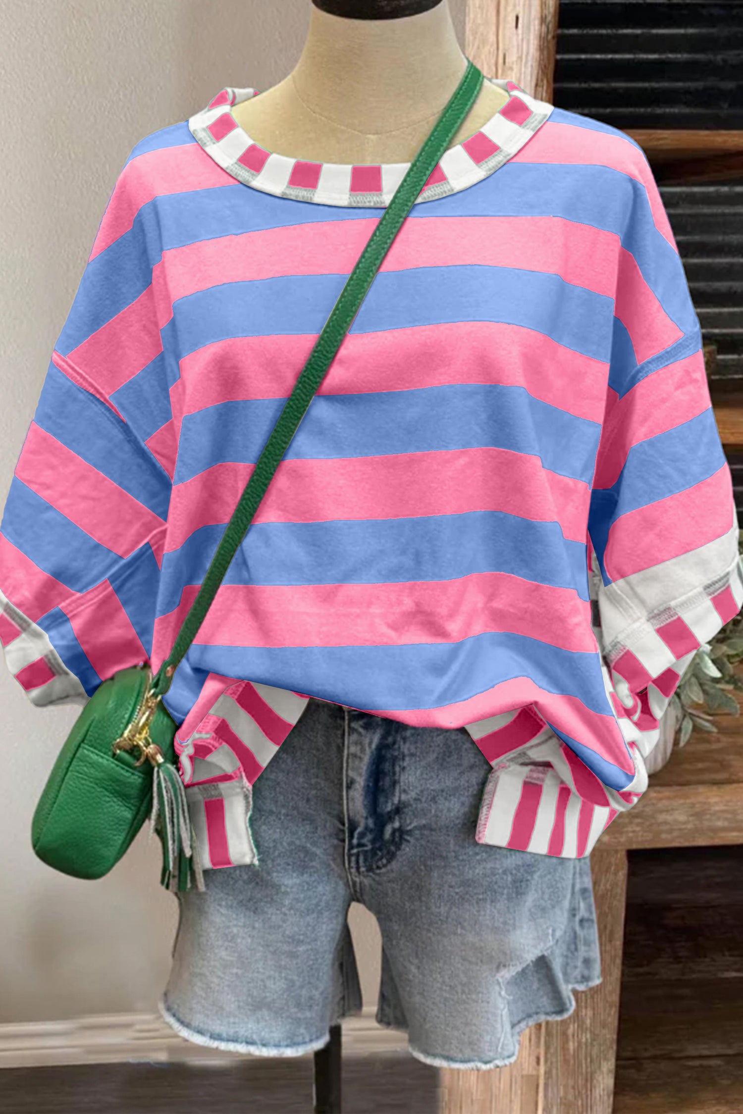Exposed Seam Contrast Patchwork Oversized Top – Pink Stripe