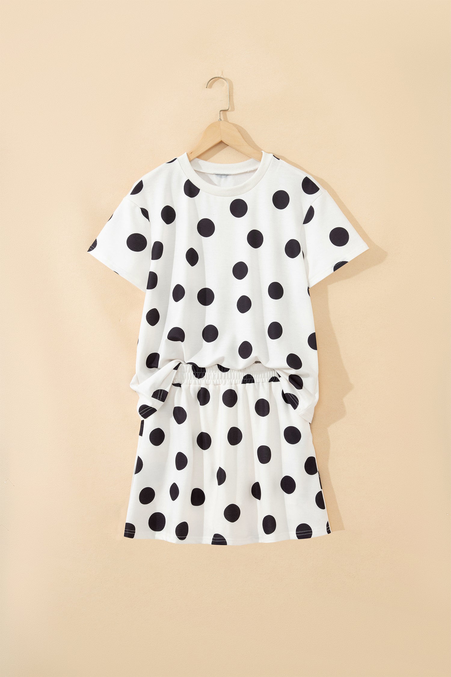 Polka Dot Short Sleeve Top Casual Skort 2pcs Outfit – White