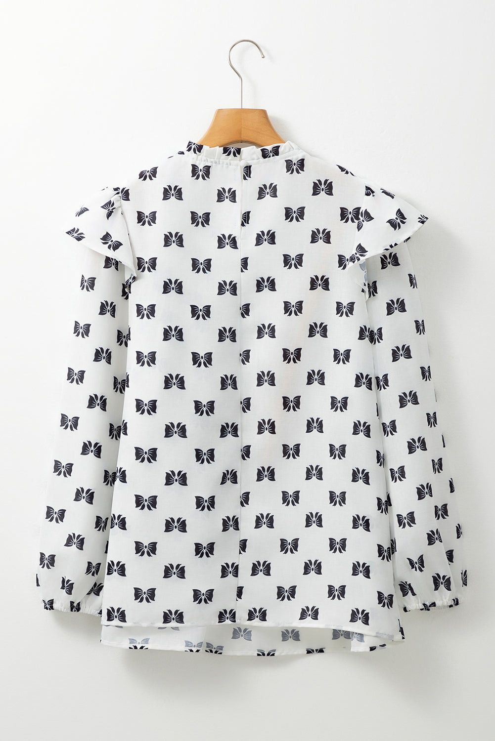 White Bow Knot Print Piping Trim Ruffled Crew Neck Blouse BB Fashion Outlet