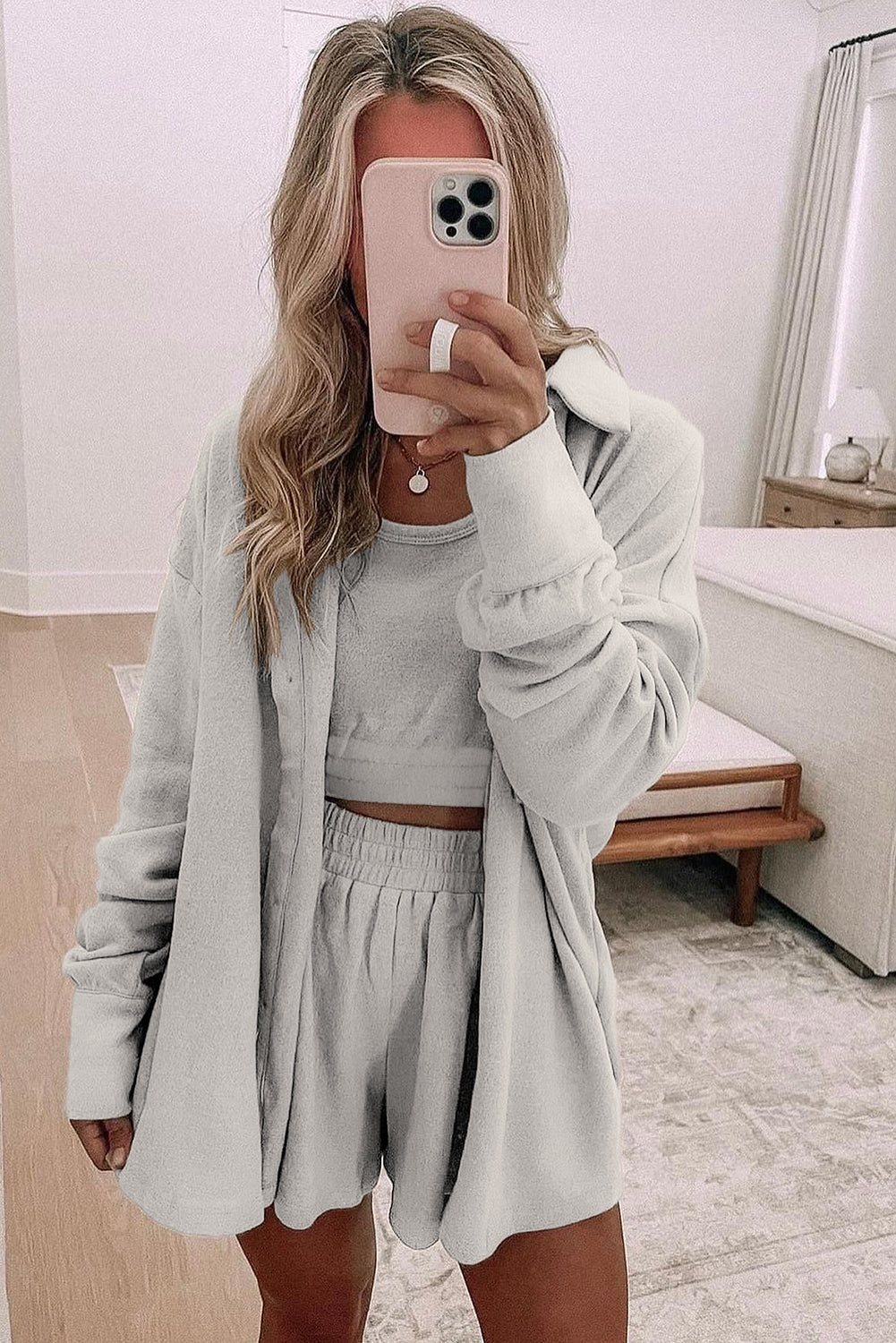 Grey 3 Pcs Crop Tank Top Shorts with Cardigan Lounge Set eAura