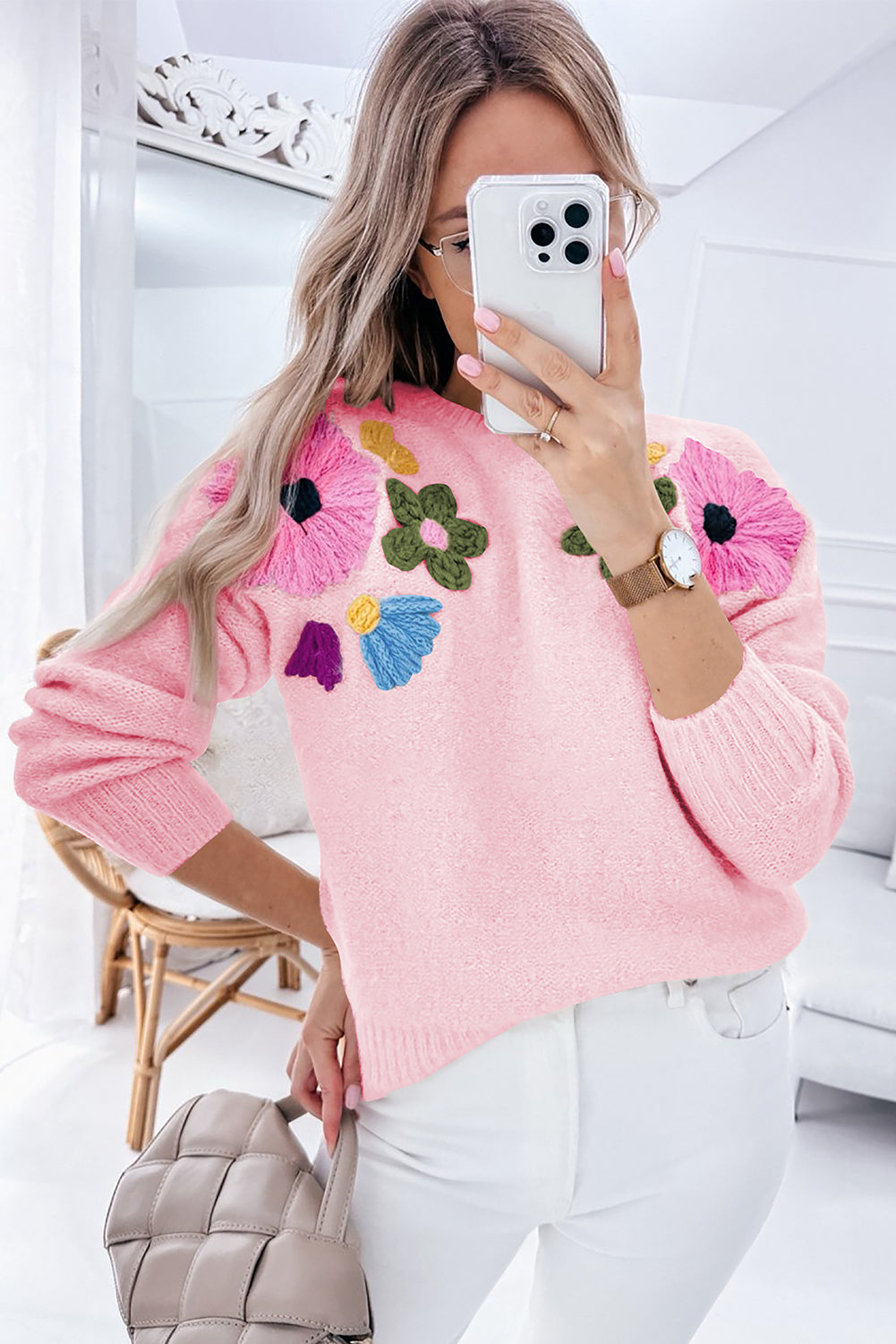 Light Blue Knitted Flower Pattern Ribbed Edge Sweater eAura