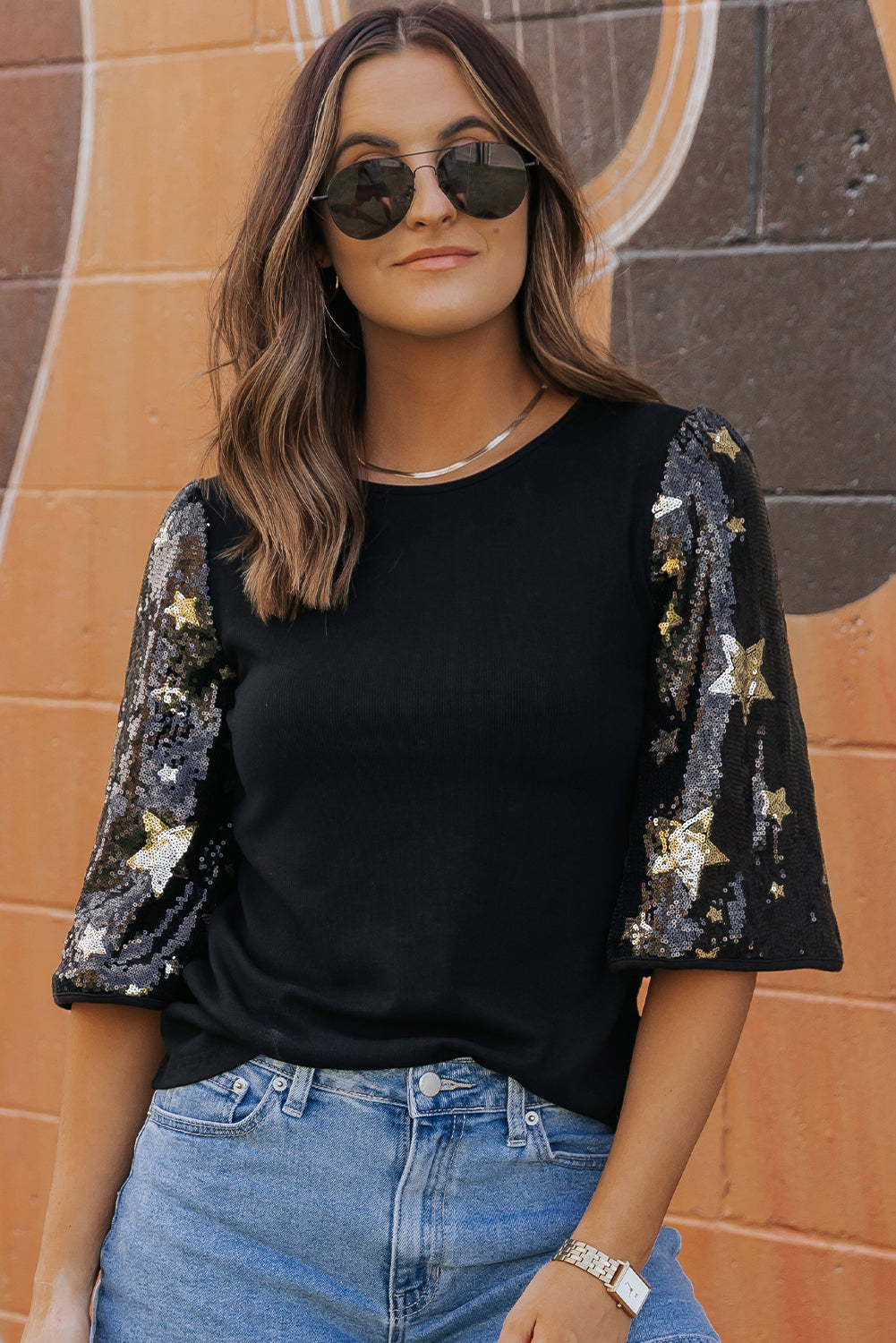 Black Star Sequin Splicing Half Sleeve Top eAura