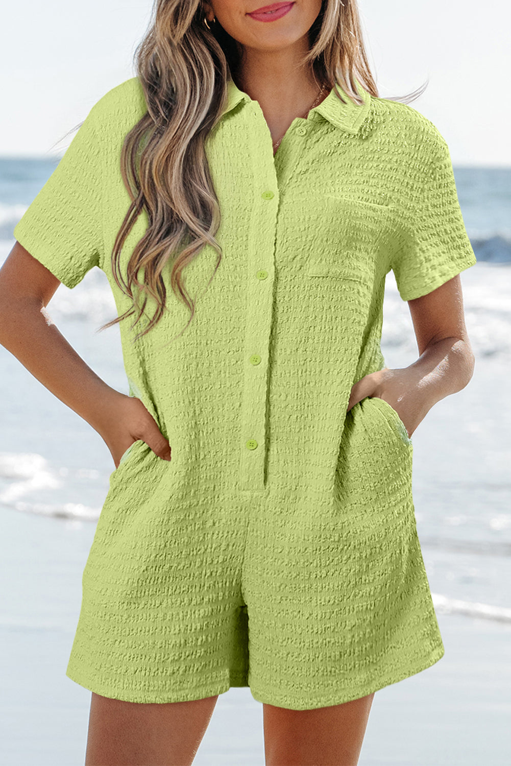 Meadow Mist Green Textured Short Sleeve Patched Pocket Buttoned Shirt Romper eAura