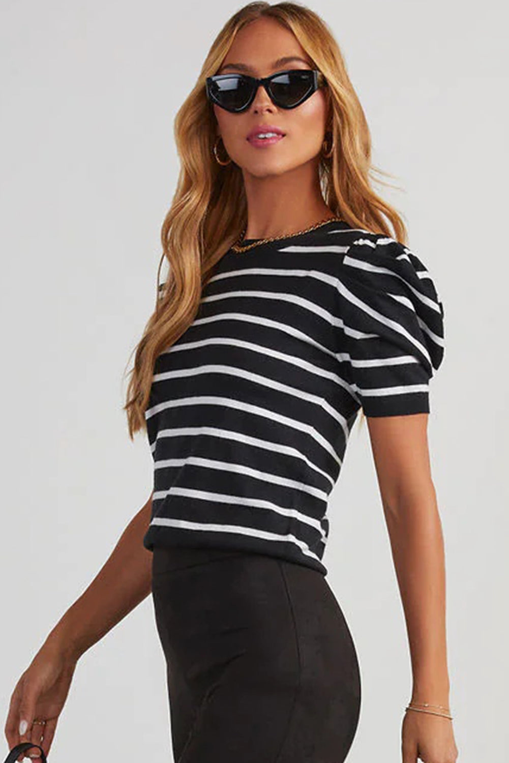 Ribbed Trim Round Neck Bubble Sleeve Knitted Top eAura