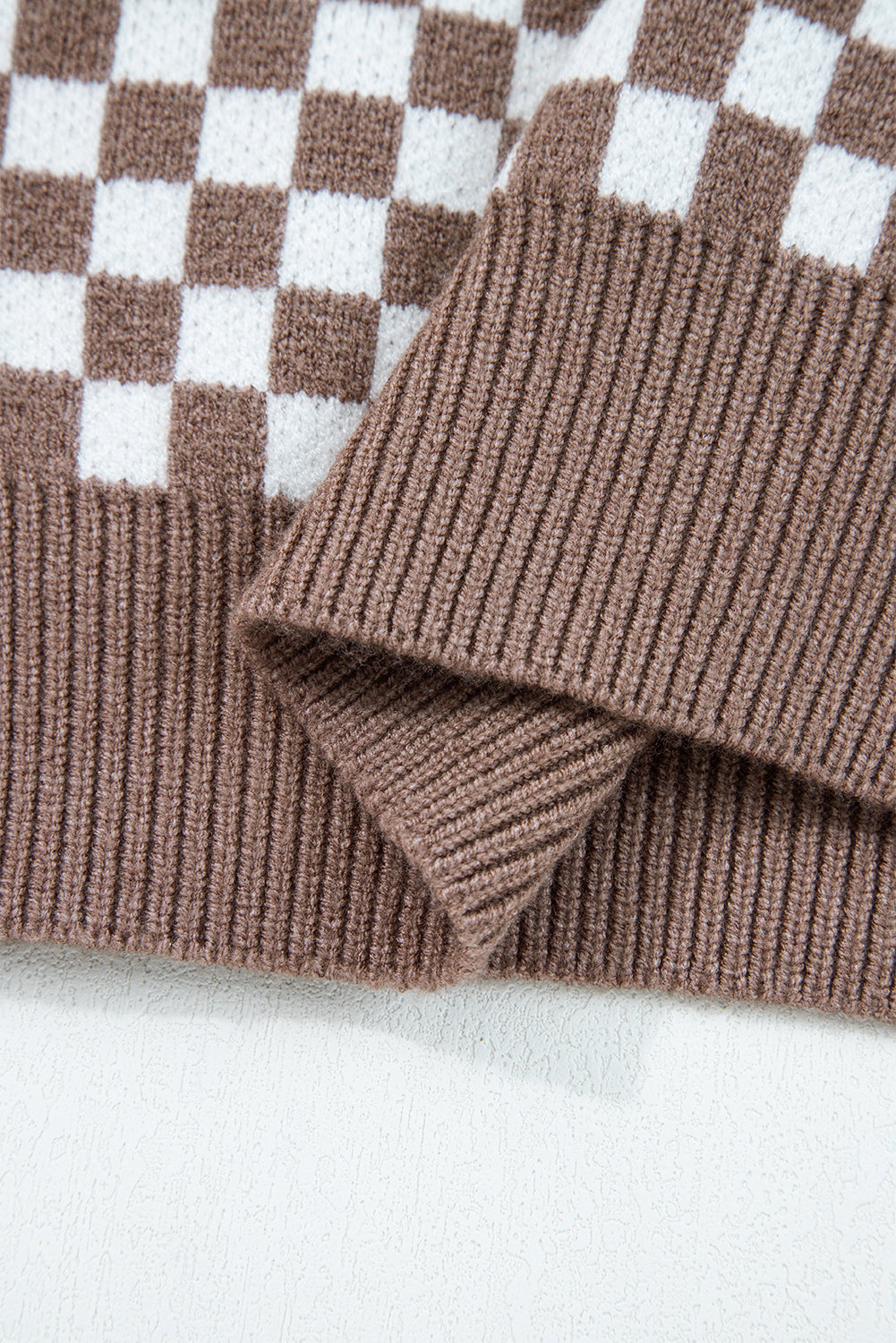 Dark Brown Half Button Ribbed Trim Checkerboard Knit Sweater eAura