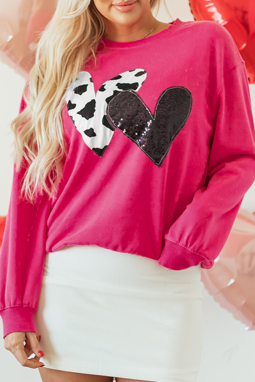 Strawberry Pink Cow & Sequin Double Heart Patch Graphic Sweatshirt eAura